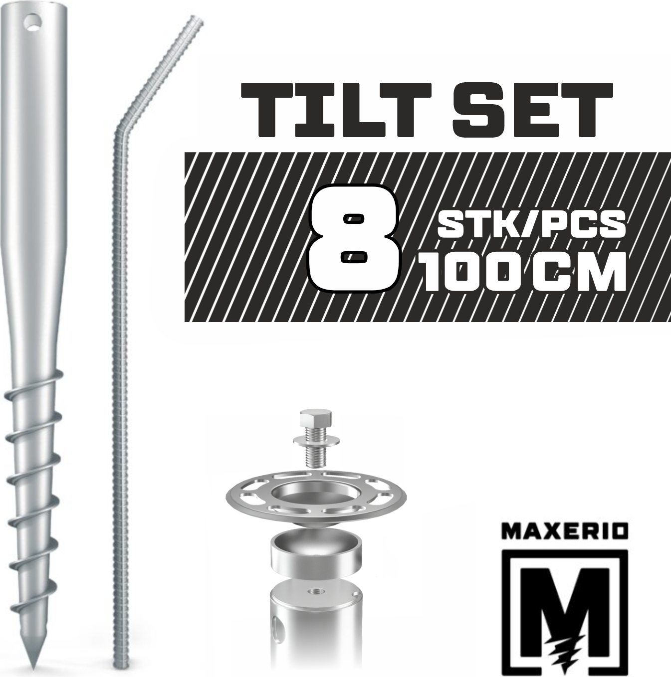 MAXERIO 100 cm 8er TILT-Set Schraubfundamente Ø 60 x 2; M12