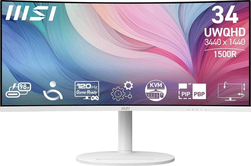 MSI Modern MD342CQPWDE, 86,4 cm (34"), 3440 x 1440 px, UltraWide Quad HD, LCD, 4 ms, Biela