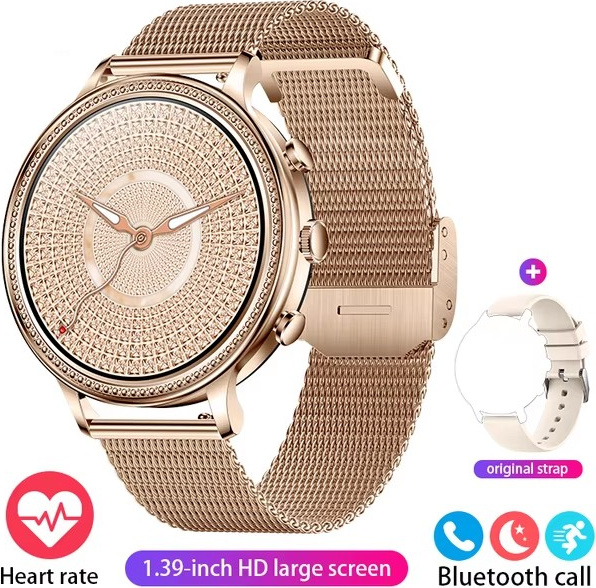 Smartwatch dámske Bluetooth volanie 1,39-palcový displej srdcový tep, krvný tlak, monitorovanie spánku, športové hodinky, dámsky darček, zlaté