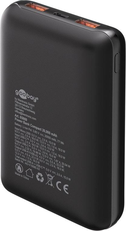 Goobay Powerbank 20.000 mAh, 22 W, extrem kompakte Powerbank mit Power Delivery und Quick Charge für den Schnelllademodus. 65869