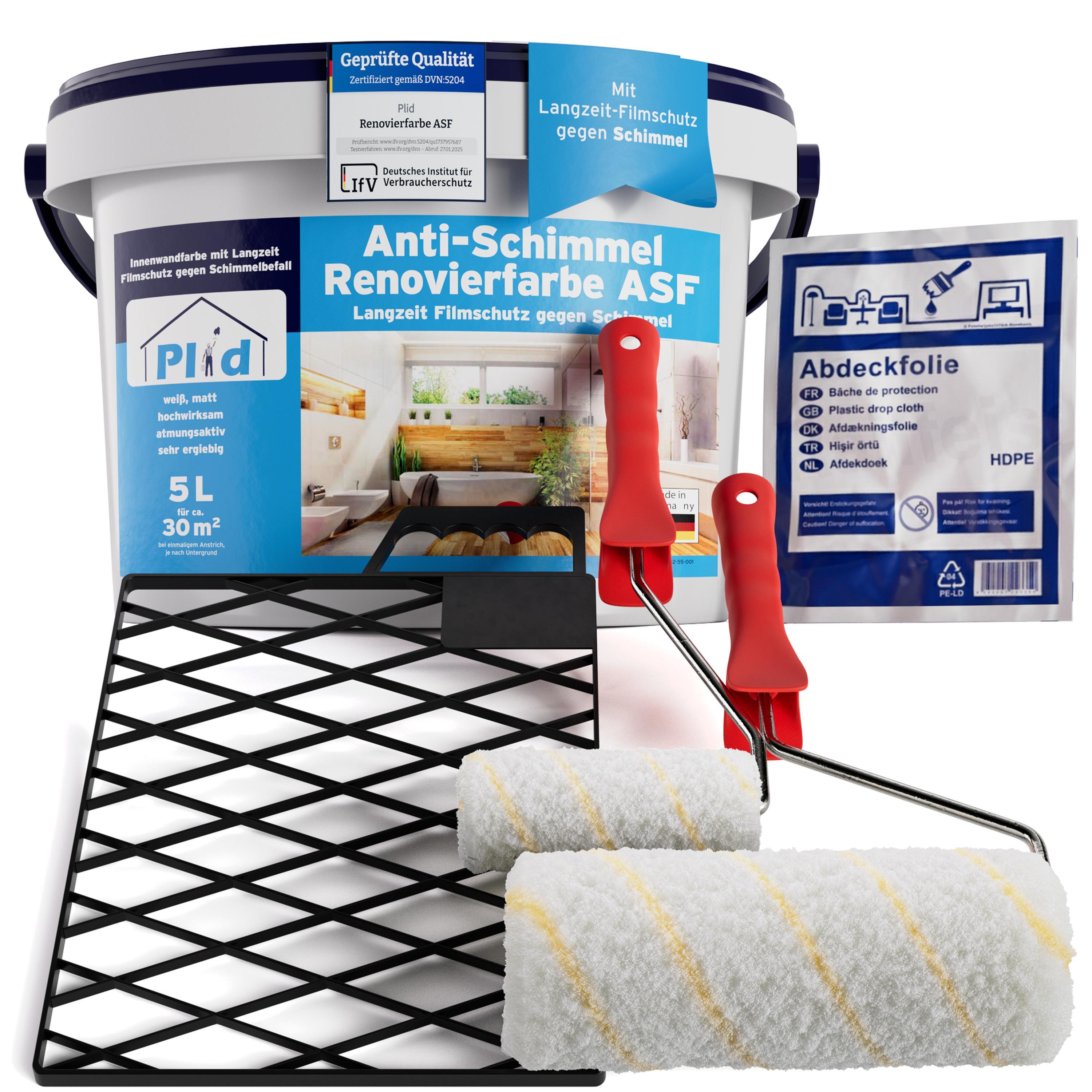 Plid Anti Schimmel Renovierfarbe 5L + Streichset 6-tlg für ca. 30m² - [DAUERHAFTER SCHIMMELSCHUTZ] Weiße Farbe für Feuchträume, Bad, Küche, alle Wände