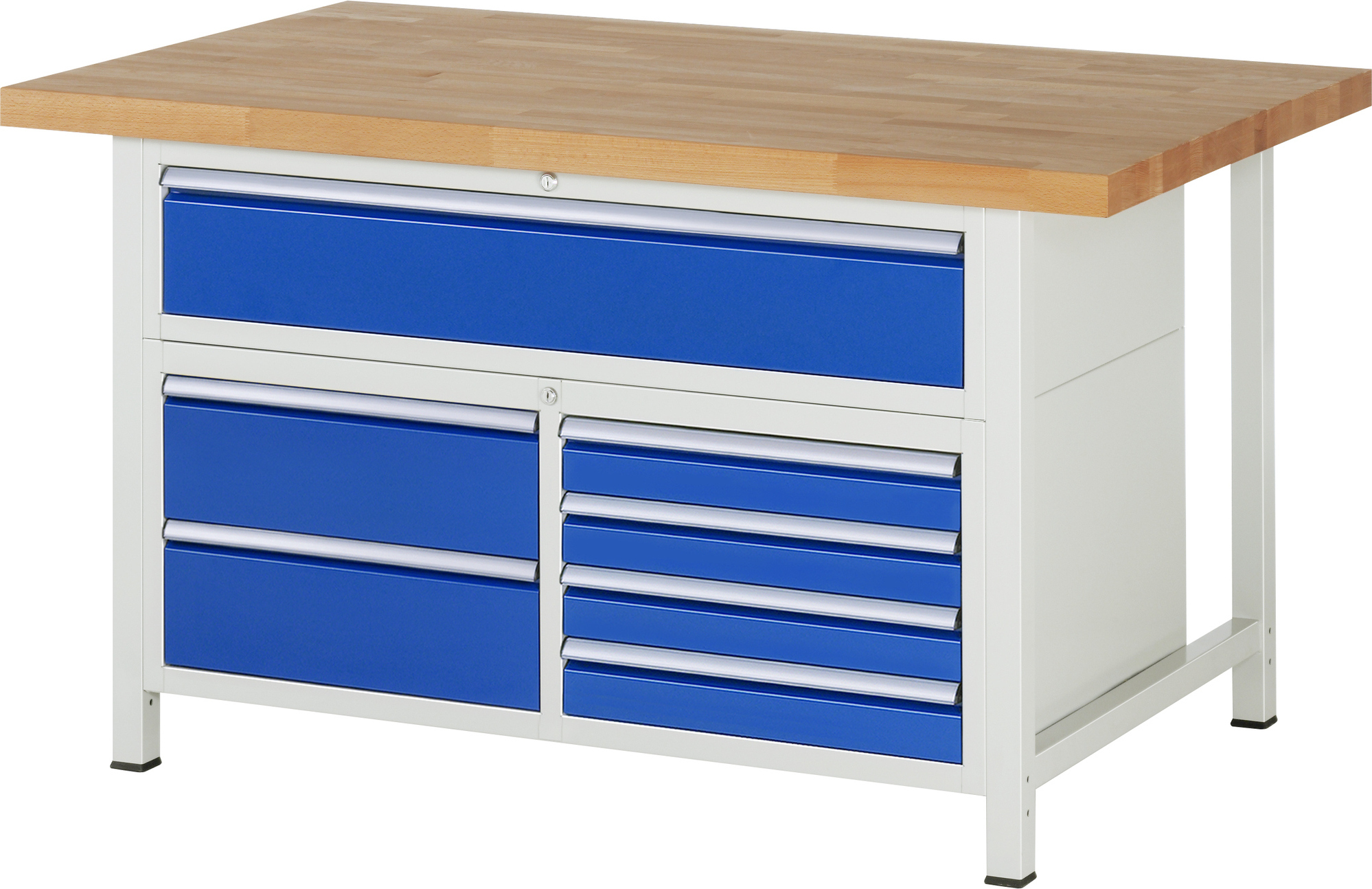 Werkbank 1500x900x840-1040mm 7xSchublade-TA lichtgrau/enzianblau. 38921A2159B4H11