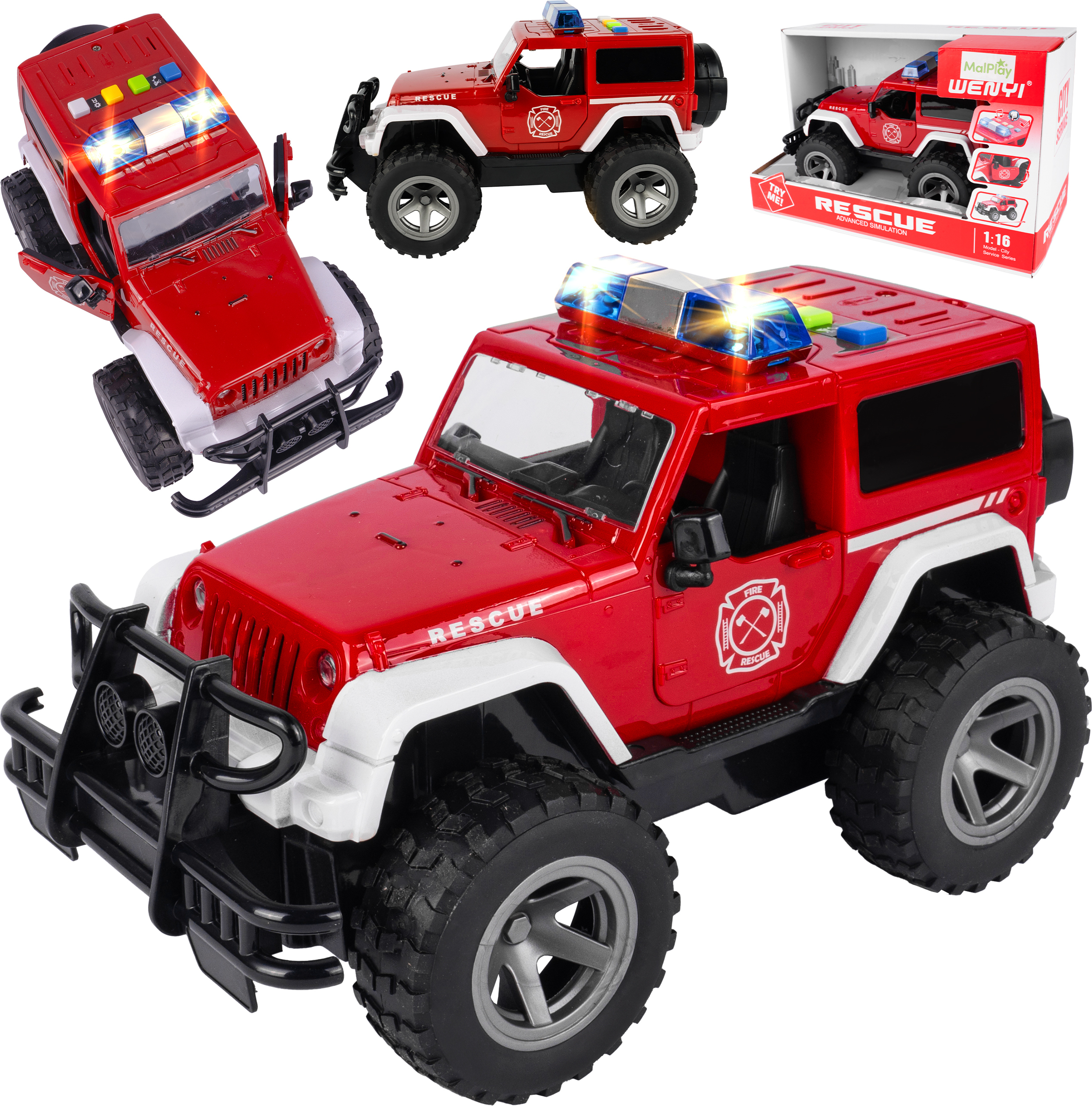 Malplay Rettungsfahrzeug mit Effekten Auto Jeep Lichter Türöffnung 1:16 ab 3 Jahren Rot heulende Sirenen