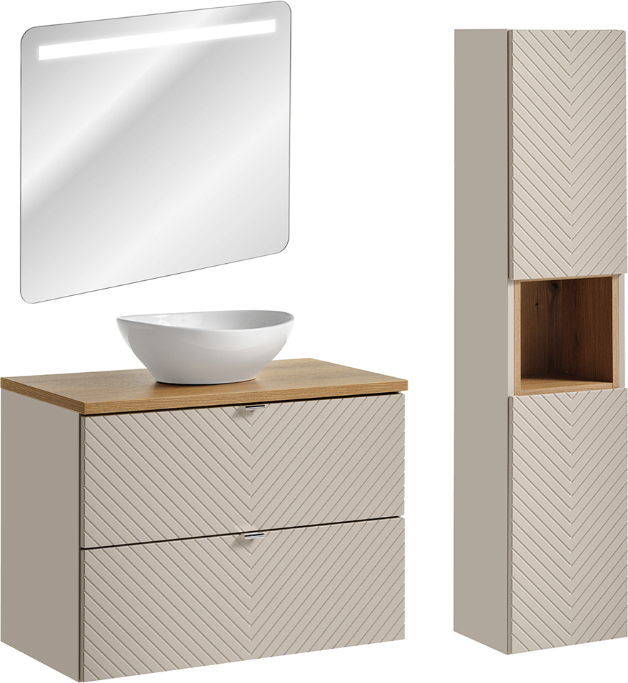 Petits-meubles Set aus Einzelwaschtisch 80cm LED Spiegel und Säule Manoa Kaschmir und Holz
