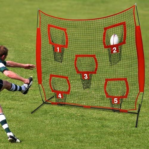 Markenlos Rugby-Wurfnetz und Passnetz als Trainingsnetz mit 5 Zieltaschen, Fußballtrainer-Wurfnetz für Wurf- und Zielübungen in Außen- und Innenbereichen, 213 x 213CM, Rot