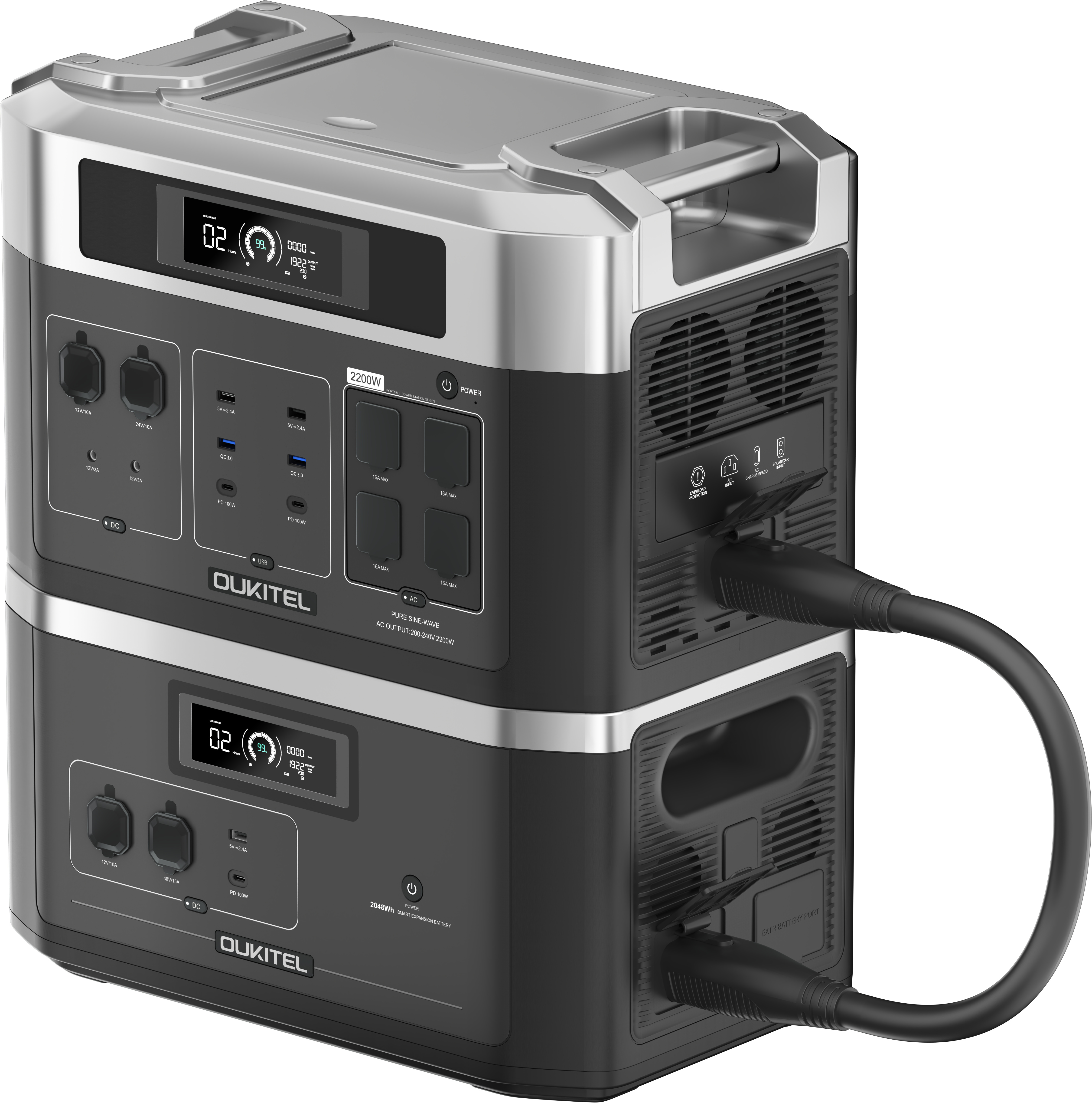 Balkónová elektráreň OUKITEL BP2000, solárny generátor s batériou LiFePO4 2048Wh/640000mAh, 2200W výstup AC, 2000W UPS, 1800W nabíjanie AC, možnosť rozšírenia až na 7 batérií, 15 výstupov, kompatibilný s 99 % balkónových elektrární