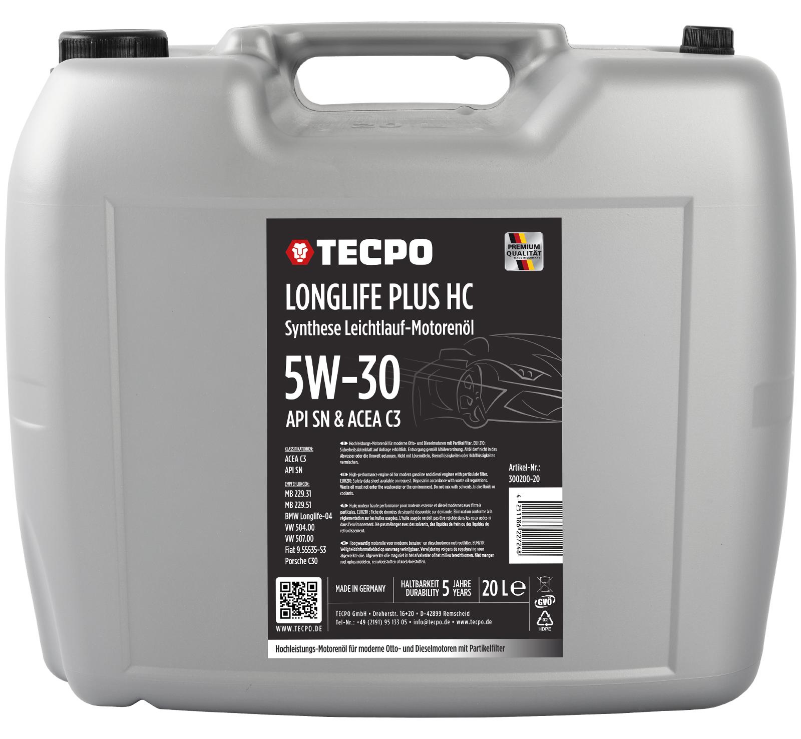 TECPO Motoröl 20 Liter 5W-30 LONGLIFE Plus HC Synthese passend für ACEA C3 / API SN / 504 / 507 / 229.31 / 229.51 / LL-04 / C30 300200-20