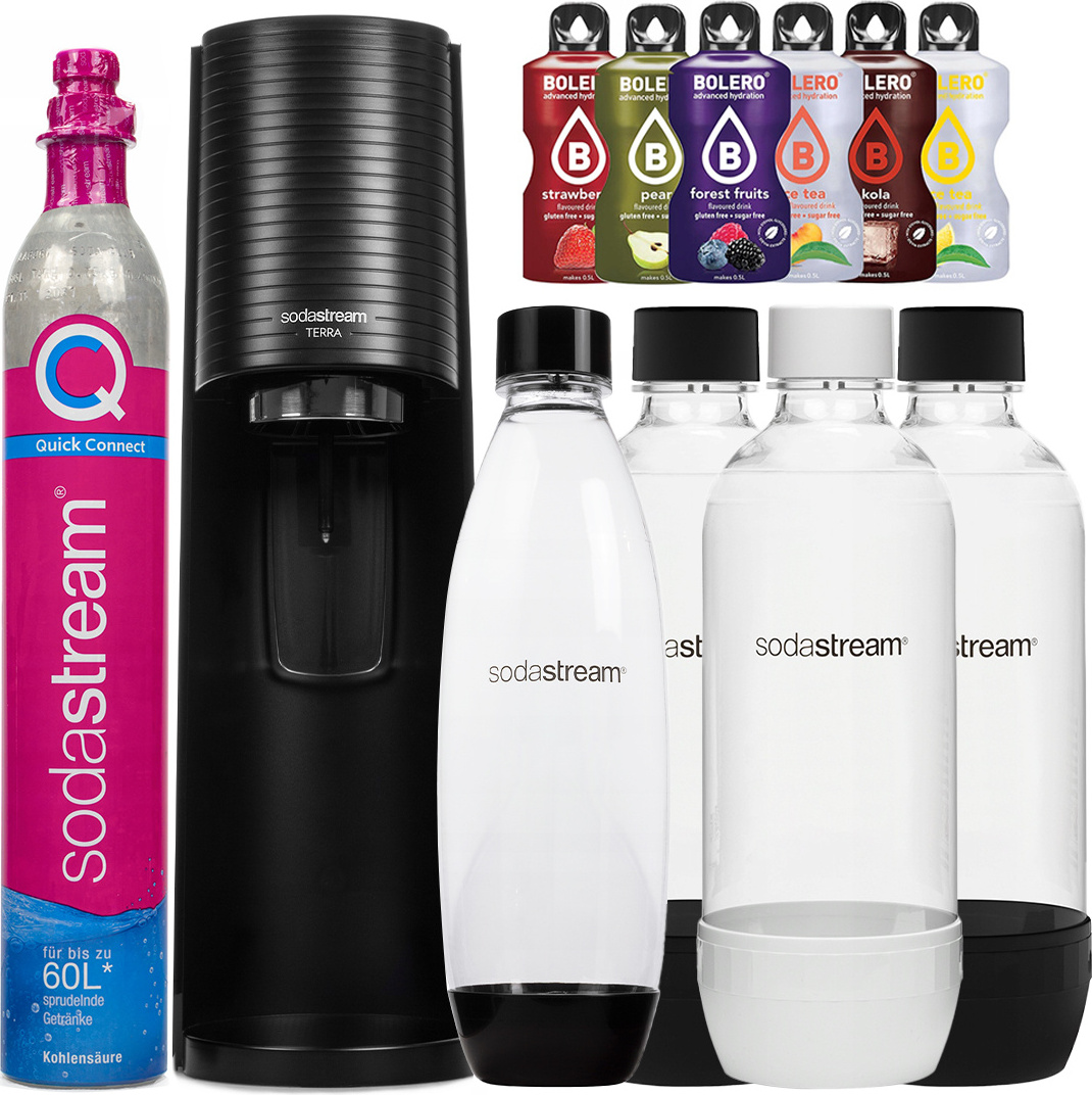 SodaStream Terra Black jedna fľaša + fľaše SodaStream 3x 1L Standard + Bolero