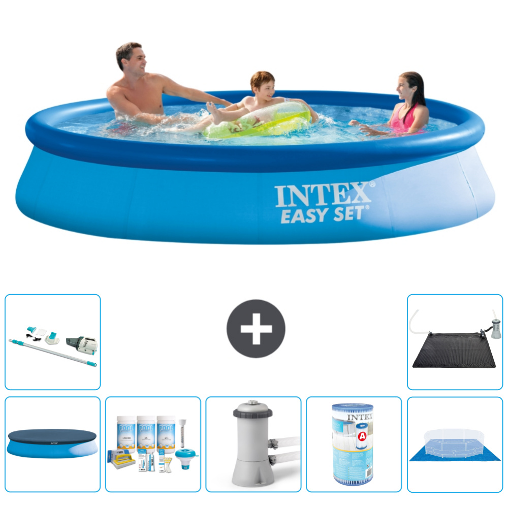 Intex okrúhly nafukovací bazén Easy-Set - 366 x 76 cm - modrý - vrátane krytu - balík na údržbu - filtračné čerpadlo pre bazén - filter - podložka - vysávač