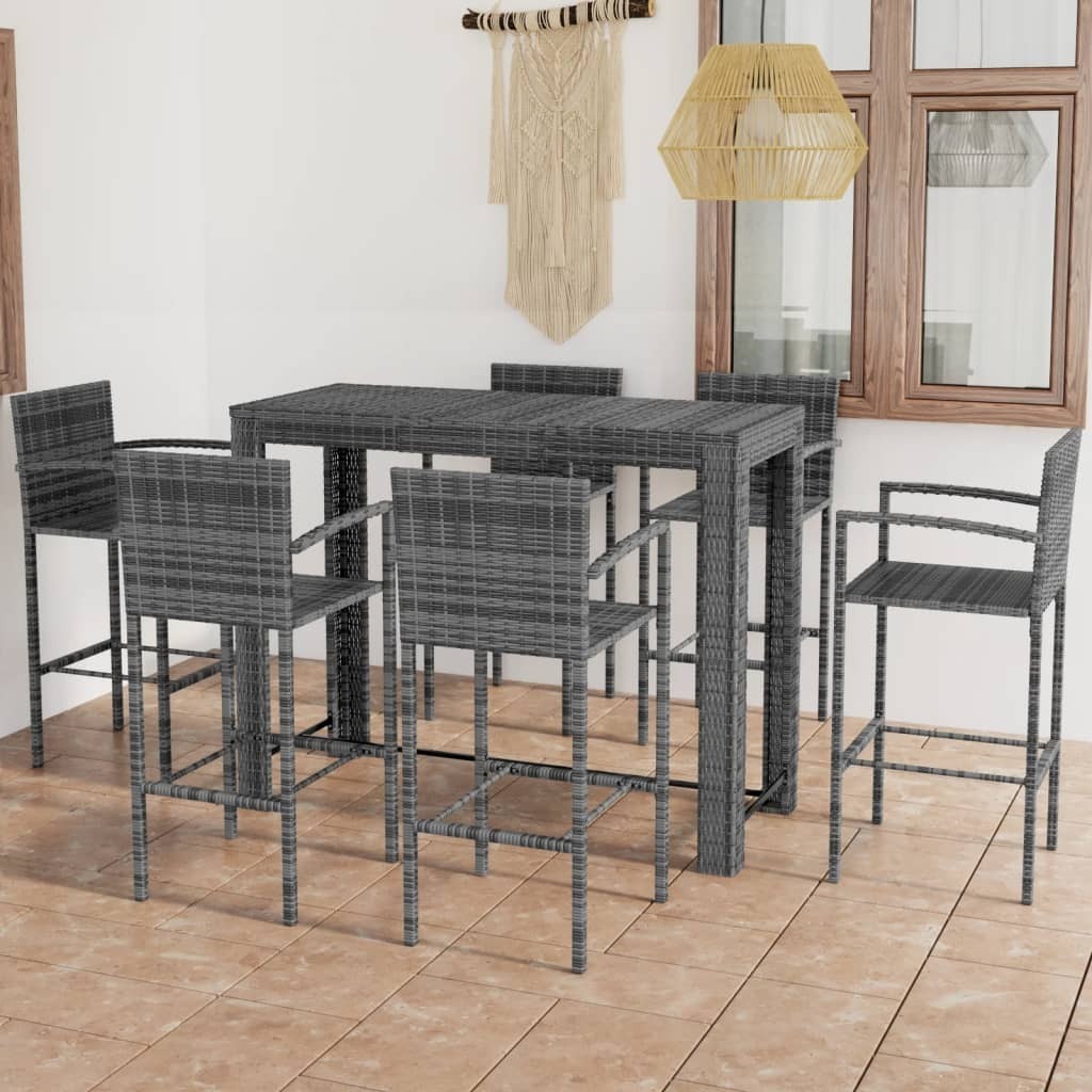 The Living Store 7-dielna záhradná barová súprava s podrúčkami z polyratanu sivá