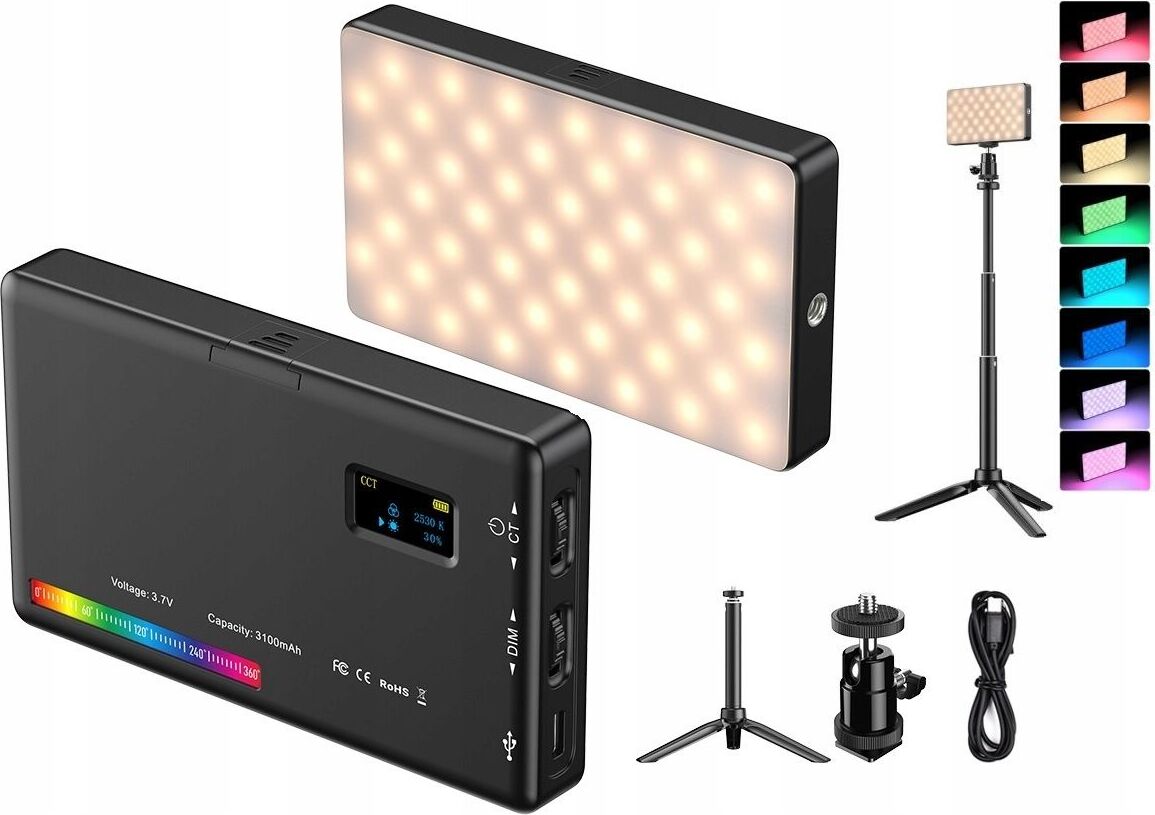 LED-Lampe 140 RGB / 3100 mAh, 1/4'' ISO-Gewinde + Stativ + 3D-Kopf / APEXEL APL-FL07