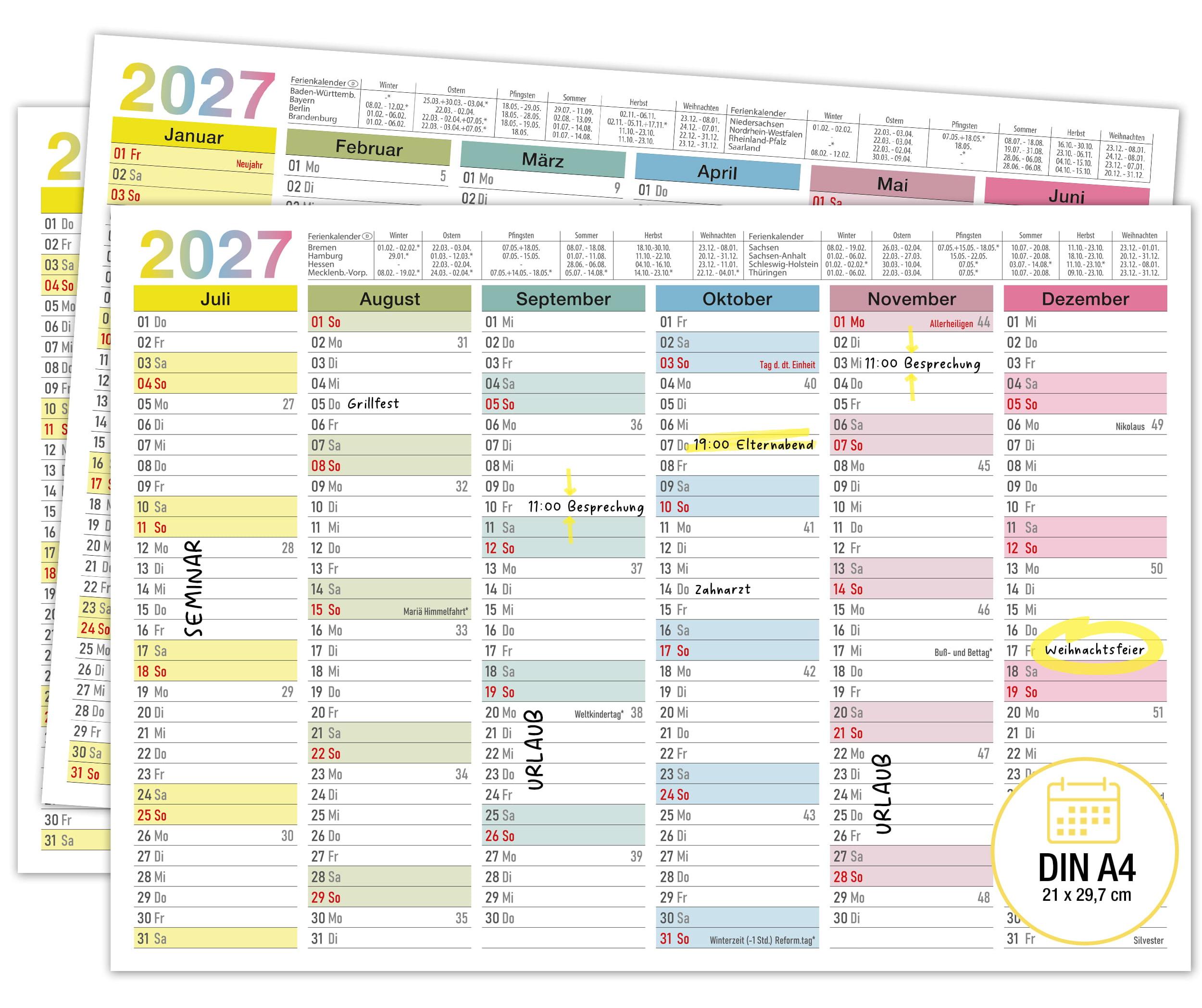 Tafelkalender 2027 Bunt DIN A4 3er Set Halbjahreskalender