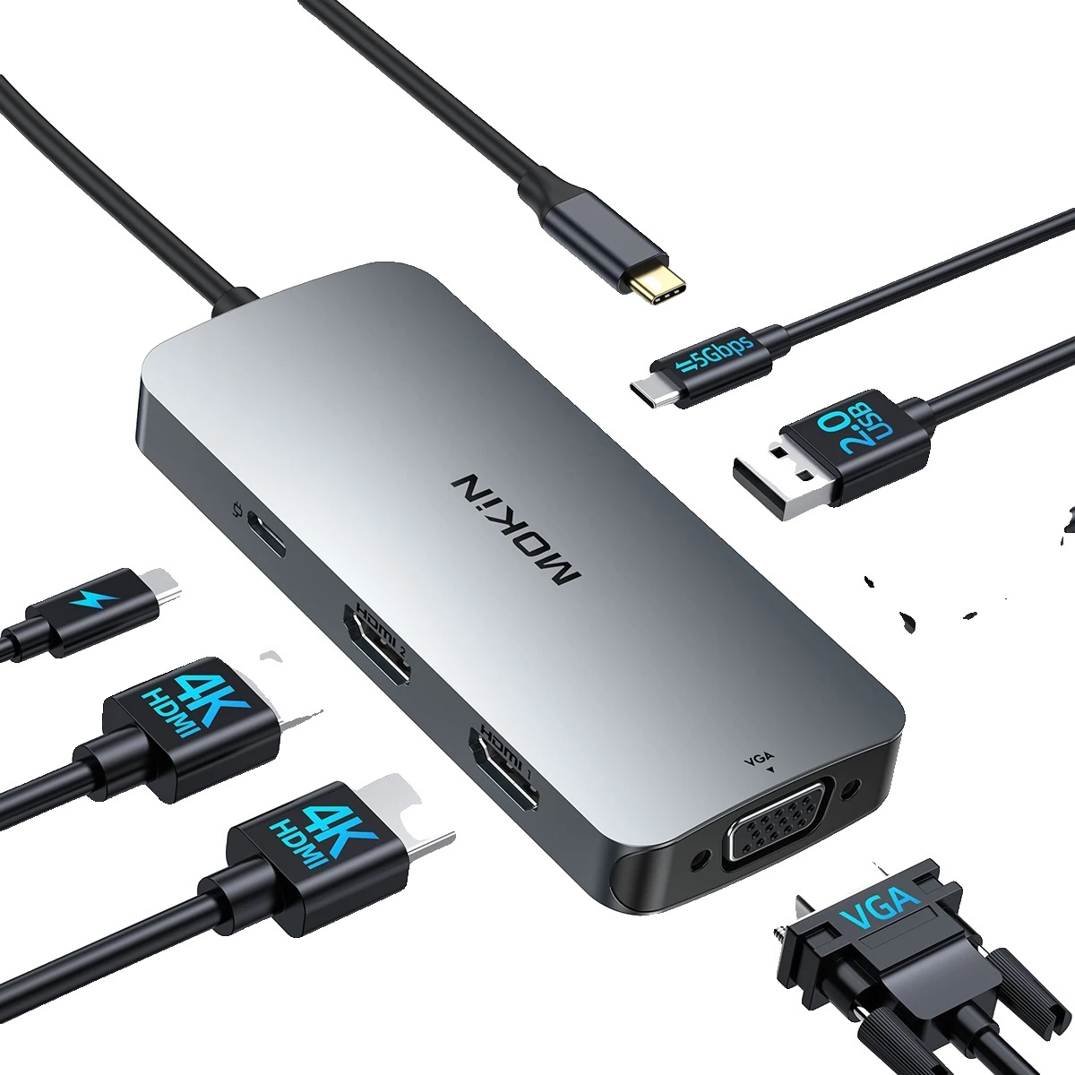 Rozbočovač MOKiN USB C, dva výstupy 4K HDMI, 100W napájanie, 7v1-4K HDMI