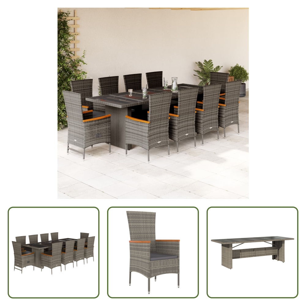 The Living Store 11-dielny záhradný jedálenský set s vankúšmi sivý polyratan