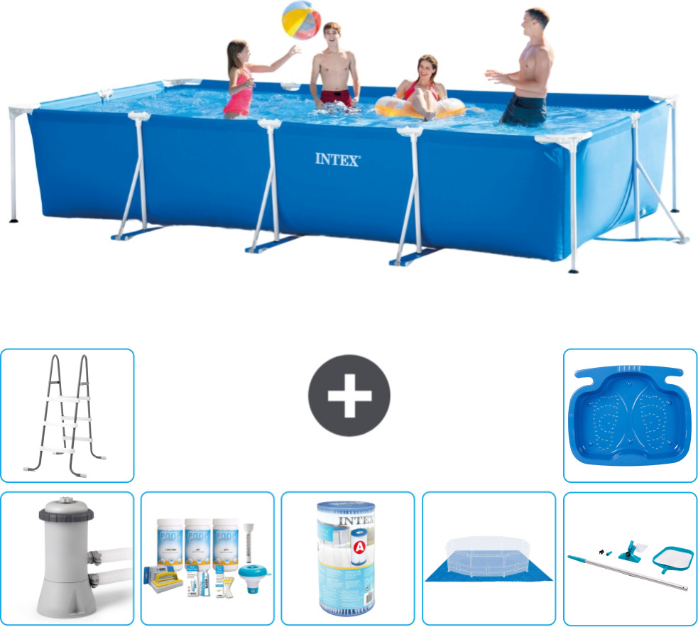 Bazén Intex s obdĺžnikovým rámom - 450 x 220 x 84 cm - modrý - vrátane balíka na údržbu čerpadla - filtra - podlahovej plachty - čistiacej súpravy - rebríka - vaničky na nohy