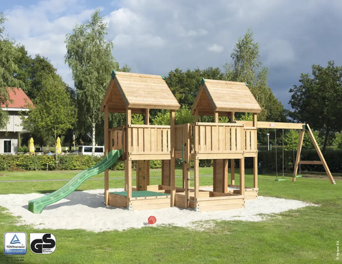 Spielhaus mit Stelzen P7S Douglasie HY-Land 1140 x 440 cm Holz Grundturm, Sandkasten, 2 Brettschaukeln, Abdeckplane, Klettersteine, Kletterwand, Rutsche