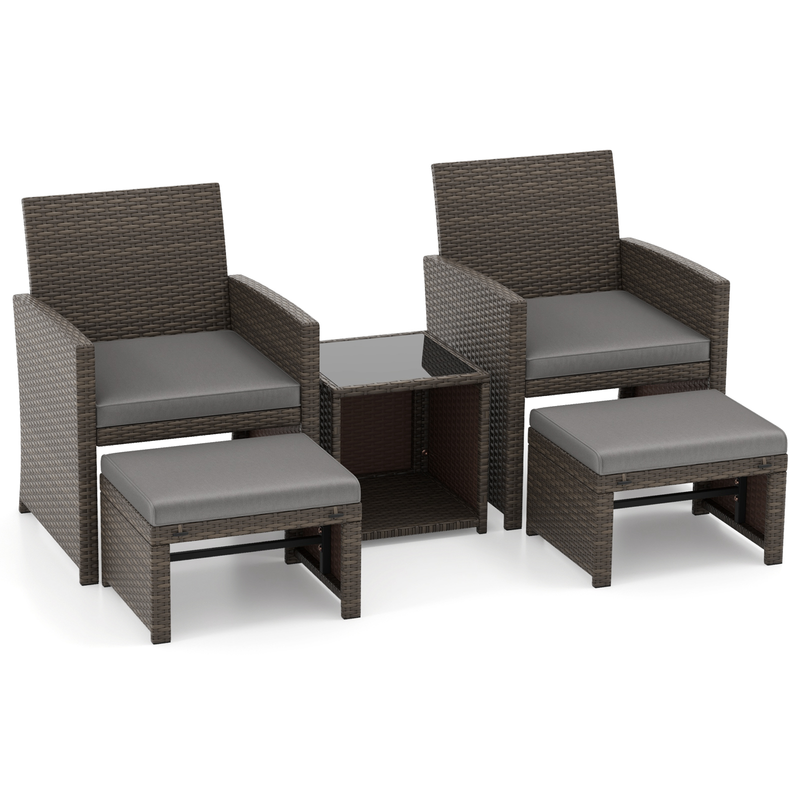 COSTWAY sada 5 kusov ratanového nábytku balkónová súprava záhradného nábytku s vankúšom na sedenie a otomanom na vnútorné a vonkajšie použitie sivá