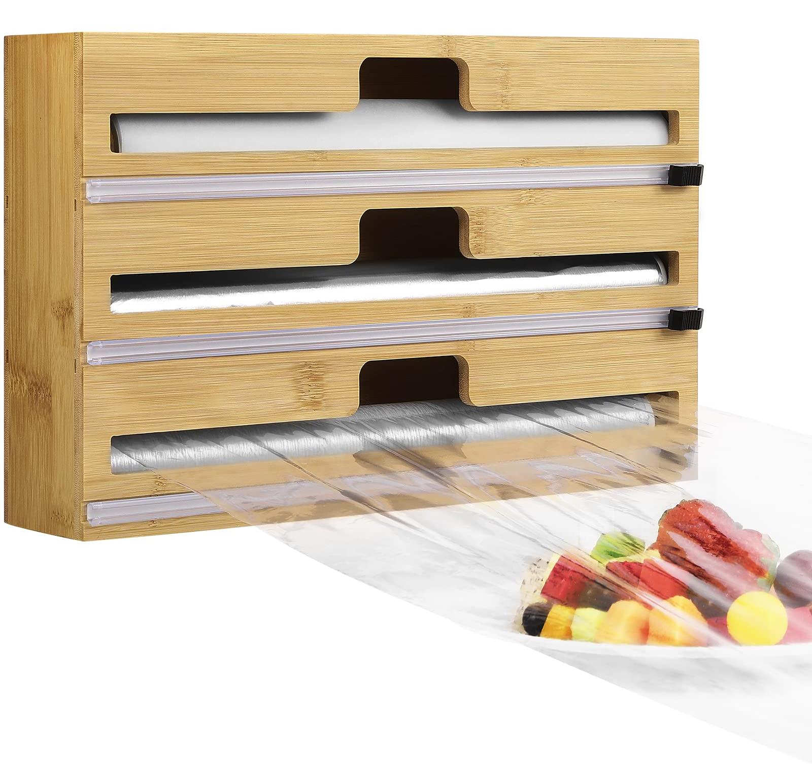 Markenlos Frischhaltefolienabroller mit Schneidefunktion, 3-in-1-Abroller und -Schneider für Frischhaltefolie, Alufolie und Backpapier, Lebensmittelfolienabroller für die Küche