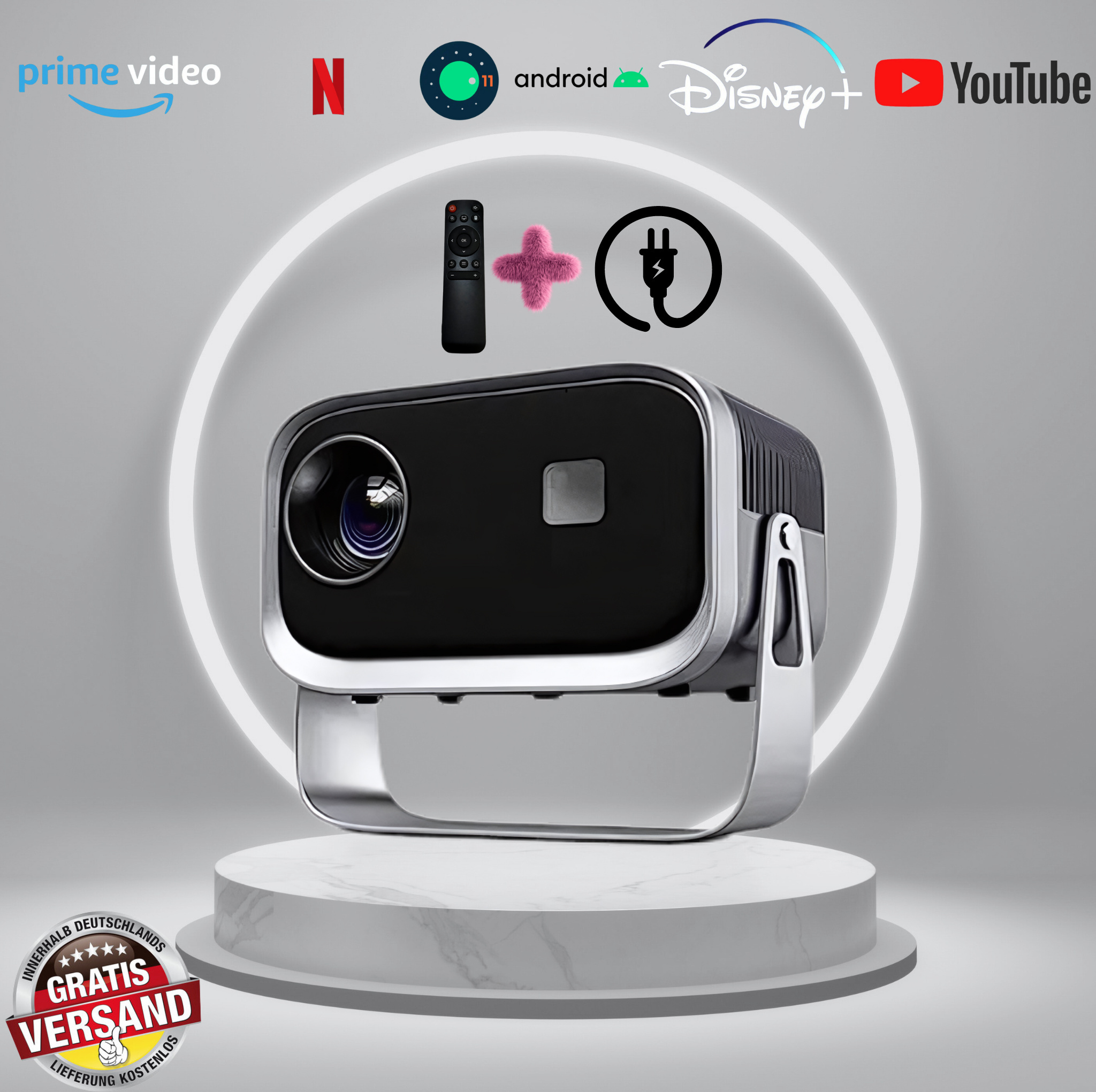 Inteligentný projektor 4K Android s elektrickým zaostrovaním/trapezoidnou korekciou, Full HD 1080P, WiFi 6, Bluetooth, kompatibilný so smartfónom/Fire Stick - domáce kino