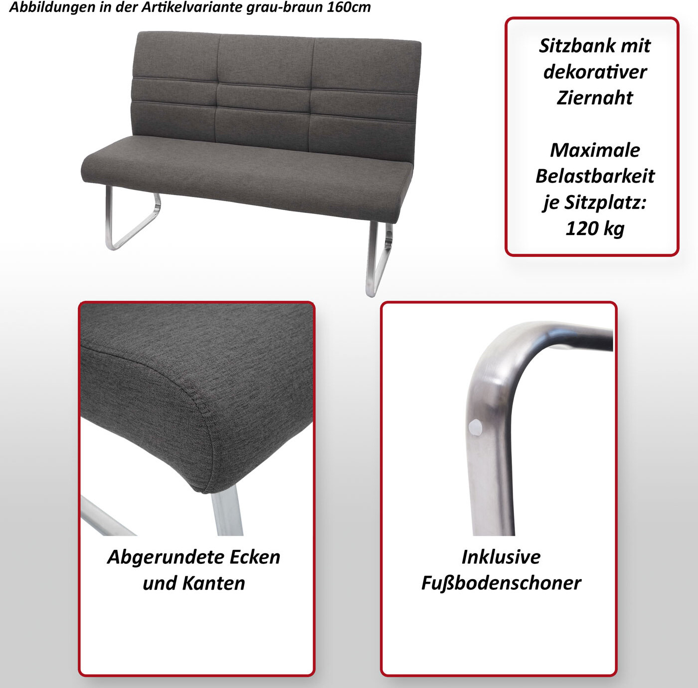 Súprava 2x jedálenská stolička+lavica HWC-G55, lavica kuchynská stolička+podrúčka, látka/textil nerezová oceľ ~ sivo-hnedá lavica 160cm