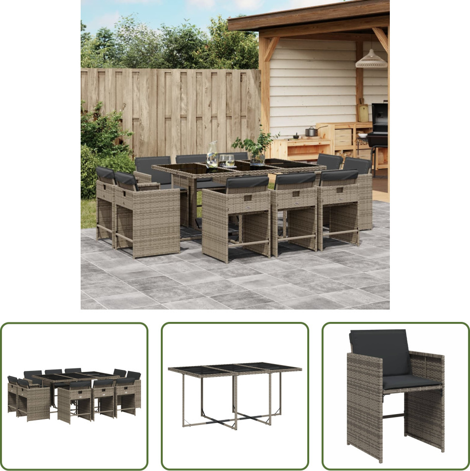The Living Store 11-dielny záhradný jedálenský set s vankúšmi sivý polyratan