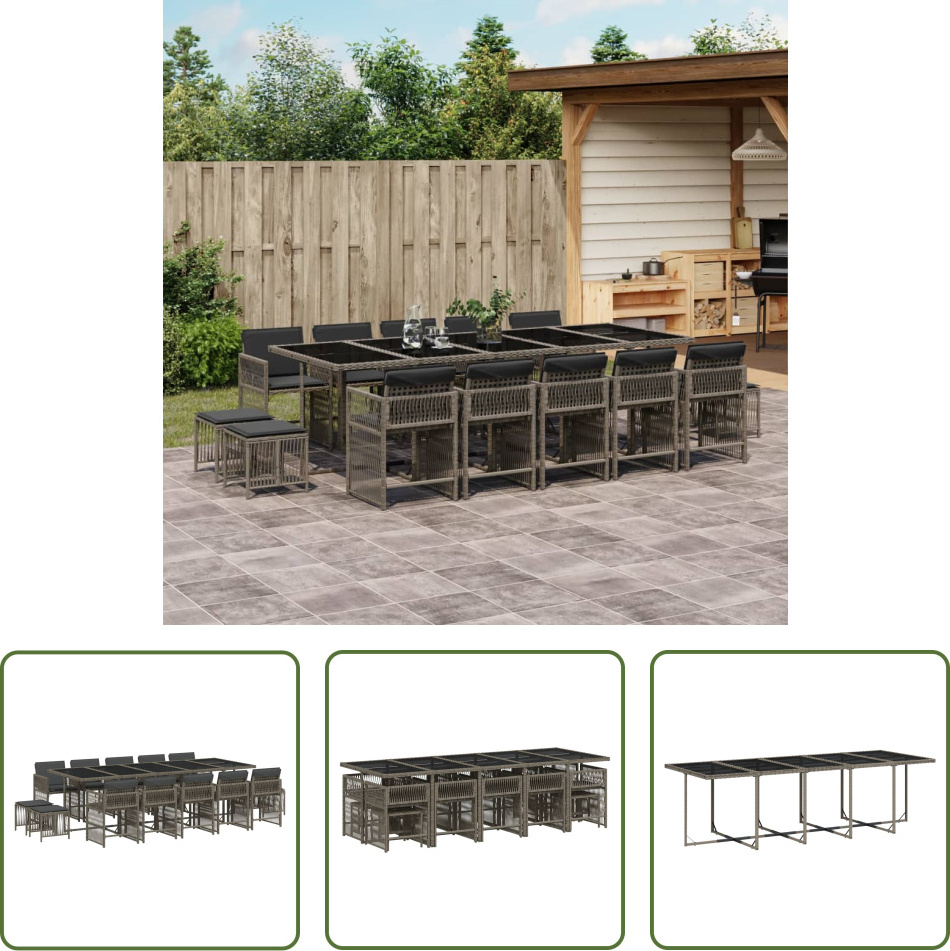 The Living Store 15-dielny záhradný jedálenský set s vankúšmi sivý polyratan