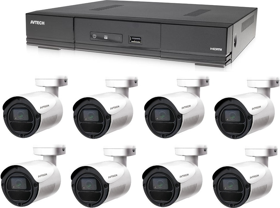 Überwachungskamera Set 8CH H.265, 1x AVTECH DVR DGD1009AV, 8x 2MPX Bullet kamera AVTECH DGC1105YFT, Überwachungssystem mit 4x Stromversorgung, 1080p Video, IP66 wasserdichte KSHDTV8