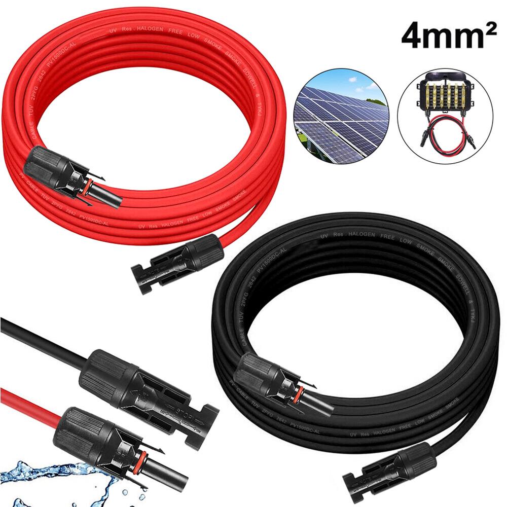 Slocable Solar-Verlängerungskabel 5 M – 4 Mm² (12 AWG), 1500 V, 50 A, Mit IP68 PV-Steckern (rot/schwarz), Für Photovoltaik-Systeme