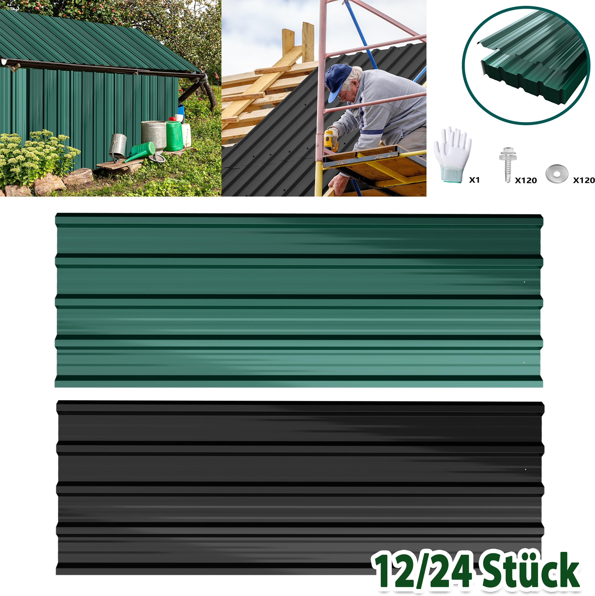 NAIZY 12 kusov vlnitých strešných plechov z pozinkovanej ocele 129,5x45 cm, trapézový profilovaný plech 7 m² pozinkovaný, strešné plechy odolné proti poveternostným vplyvom na garáž, záhradný prístrešok, zelený