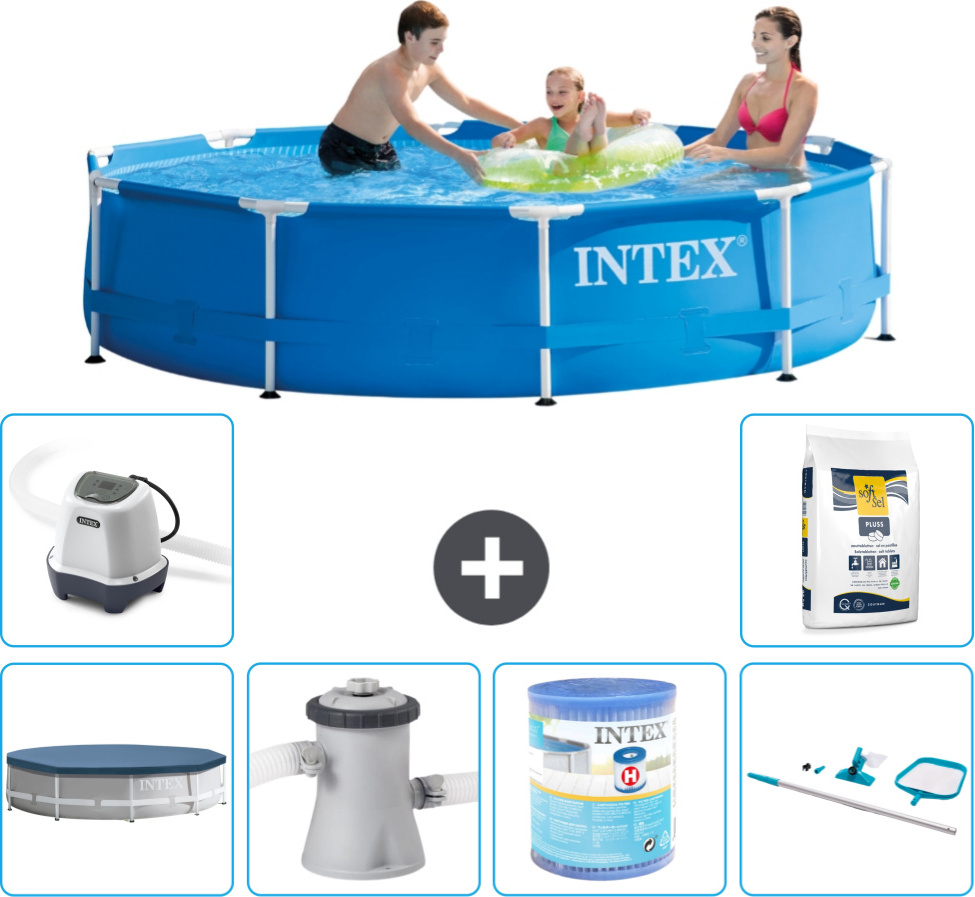 Bazén Intex s okrúhlym rámom - 305 x 76 cm - modrý - vrátane krytu - filtračné čerpadlo pre bazén - filter - čistiaca súprava - systém slanej vody - bazénová soľ