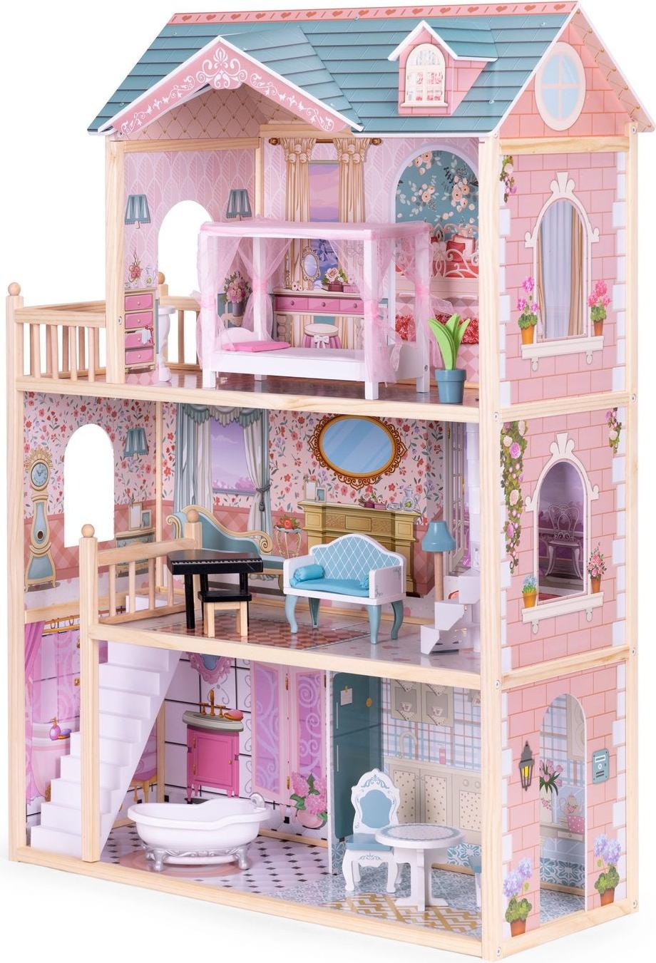 MST Großes Puppenhaus aus Holz, 3 Etagen, 11 Möbelstücke, ECOTOYS