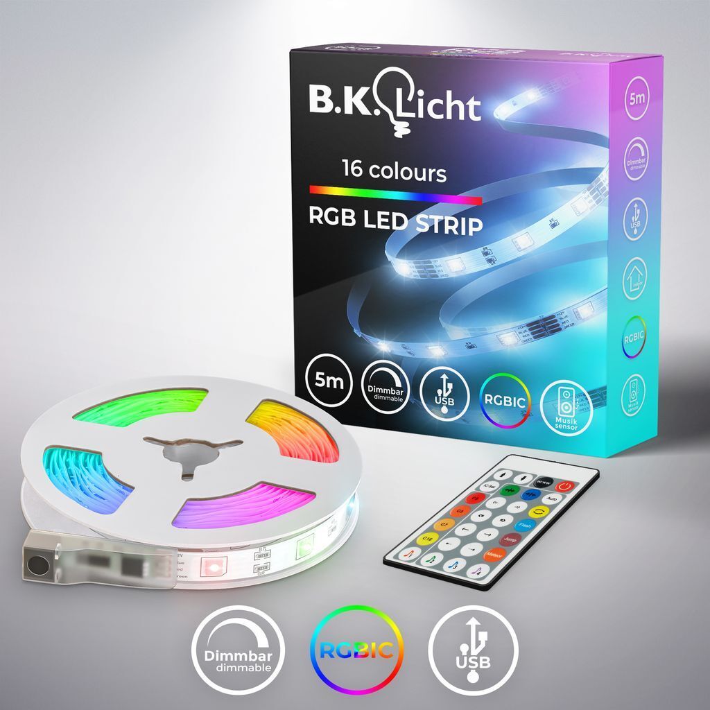 B.K.Licht 5m LED Strip Magic RGB Band Musiksensor Lichtstreifen selbstklebend Farbwechsel BKL1563