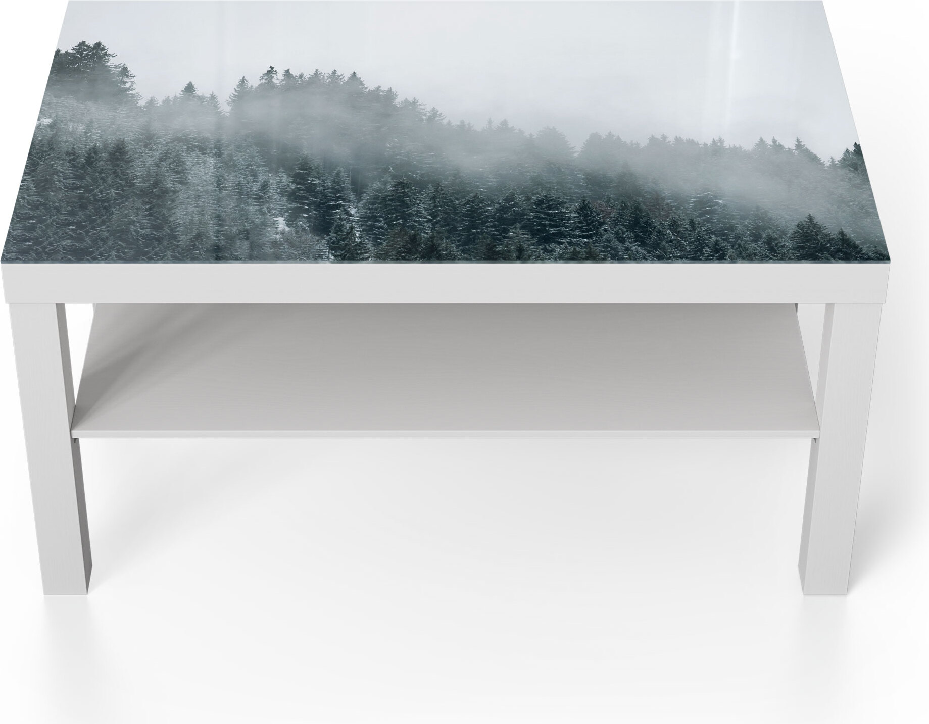 DEQORI Couchtisch 90x55 cm Weiß 'Nebel über Baumwipfeln' Glas Beistelltisch TL-90-55-W-2287