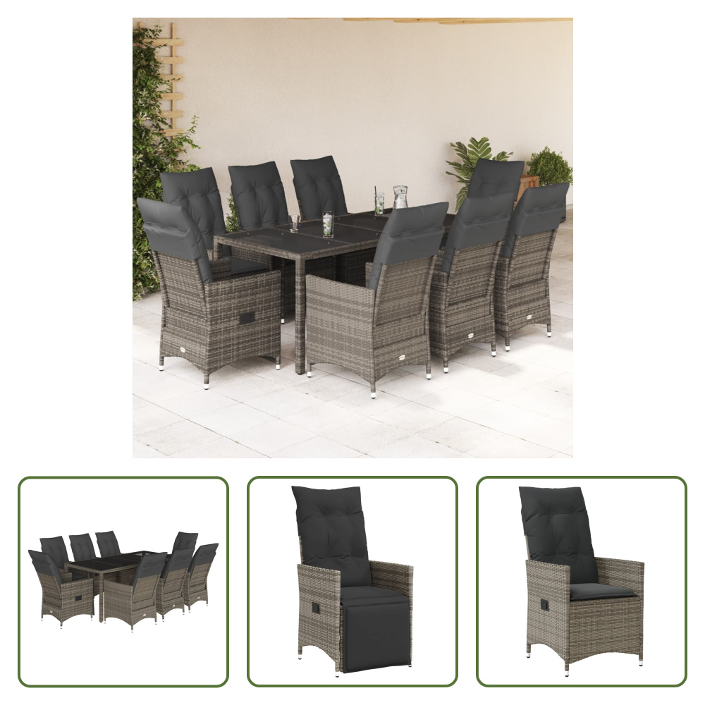 The Living Store 9-dielny záhradný jedálenský set s vankúšmi sivý polyratan
