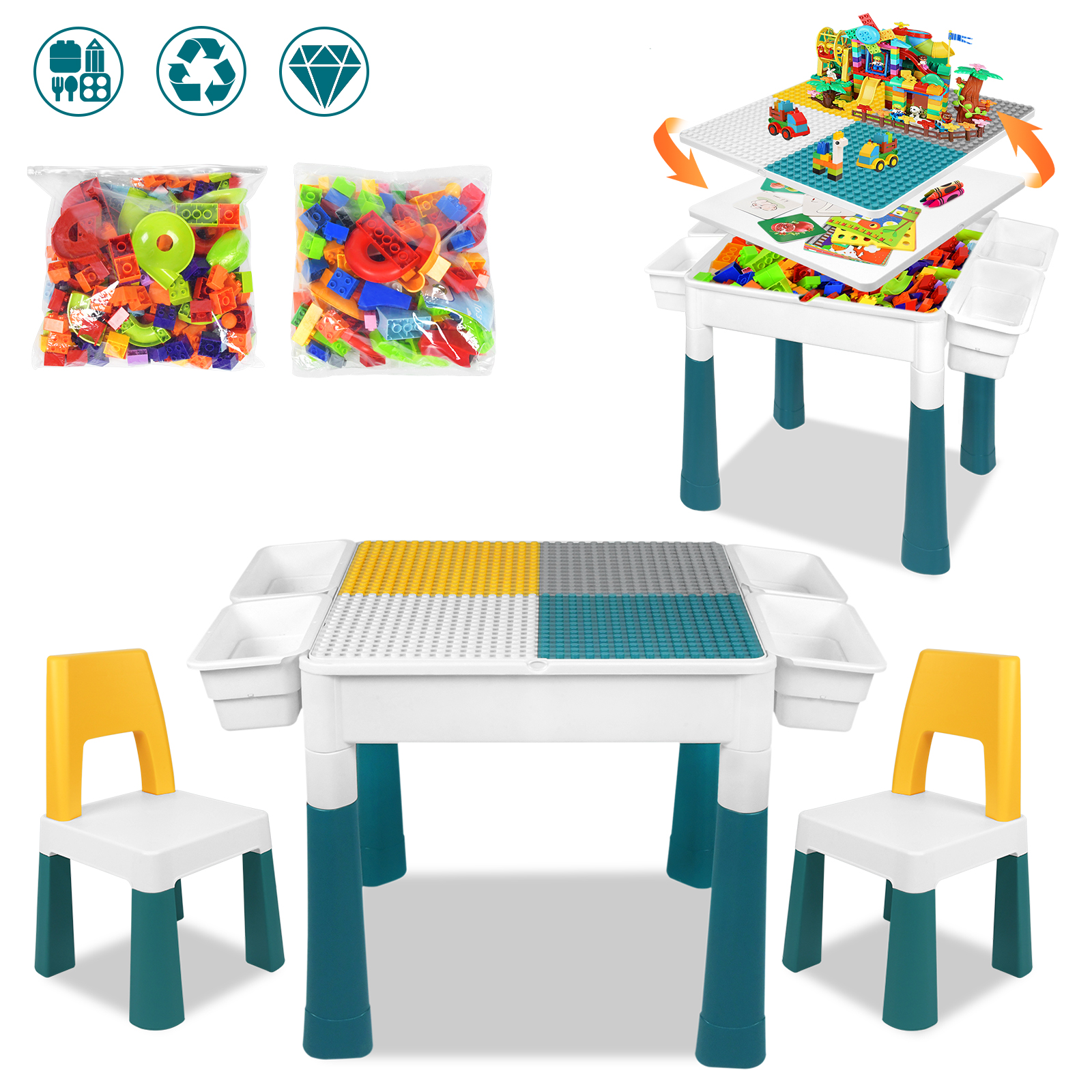 Sinbide 7-in-1 Kindertisch Mit Stuhl - Bausteintisch Mit 300 Steinen & Doppelseitiger Platte