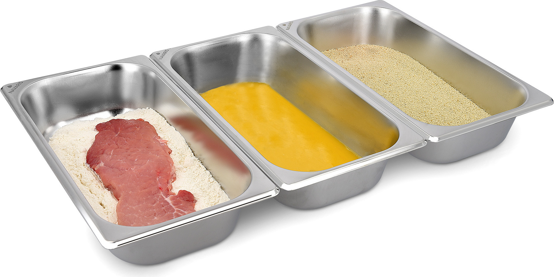 Navaris Panier-Set aus Edelstahl 3-teilig - 3x Schale zum Panieren 32,5 x 17,5 x 6,5 cm - Schnitzel Fleisch Fisch - Metall Panierstraße rechteckig 52505.01