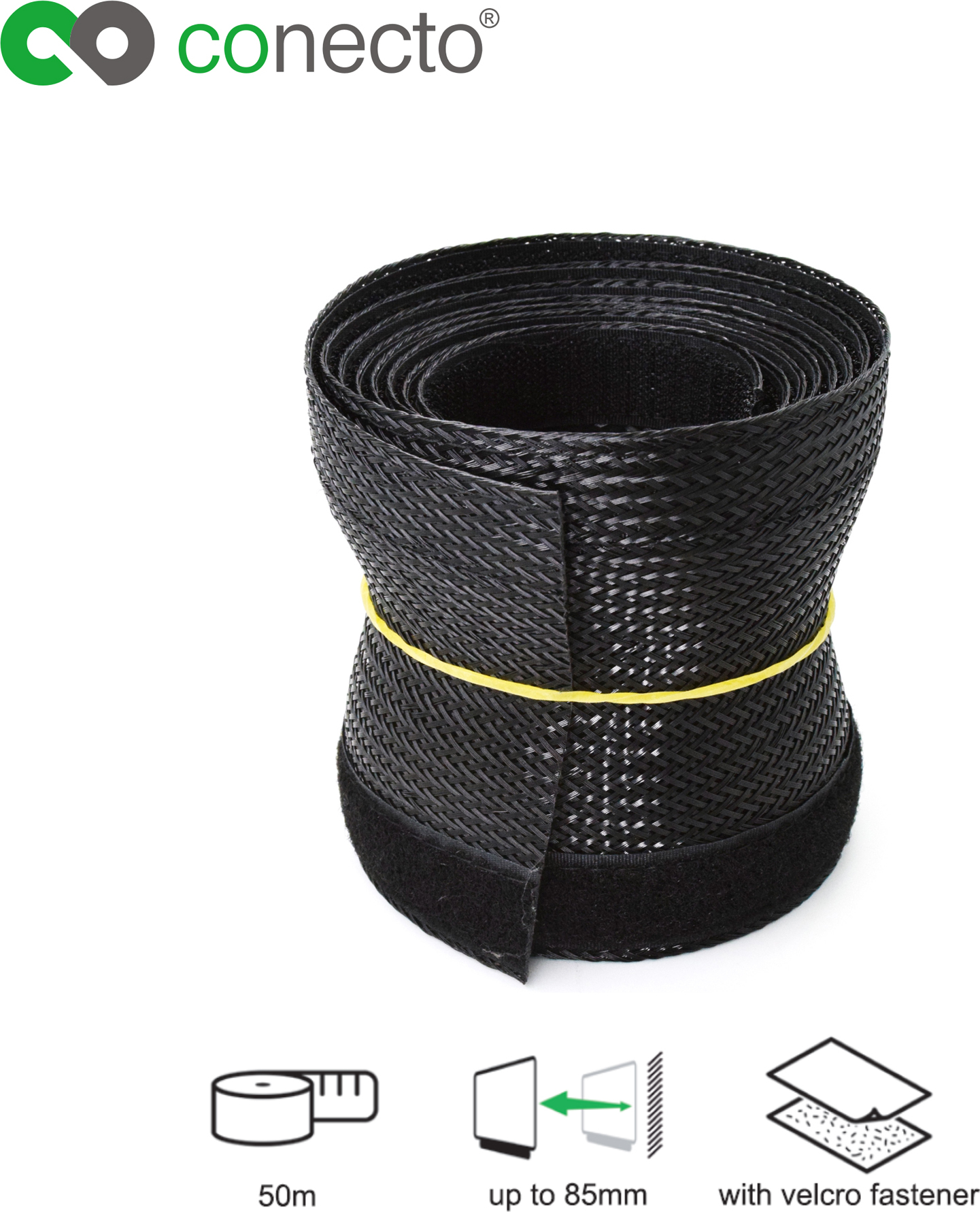 Satchef GmbH conecto CC50318 Universeller Polyester-Kabelschlauch, selbst zusammenziehend mit Klettverschluss, Ø 85mm, Rolle 50m, schwarz SA-CC50318