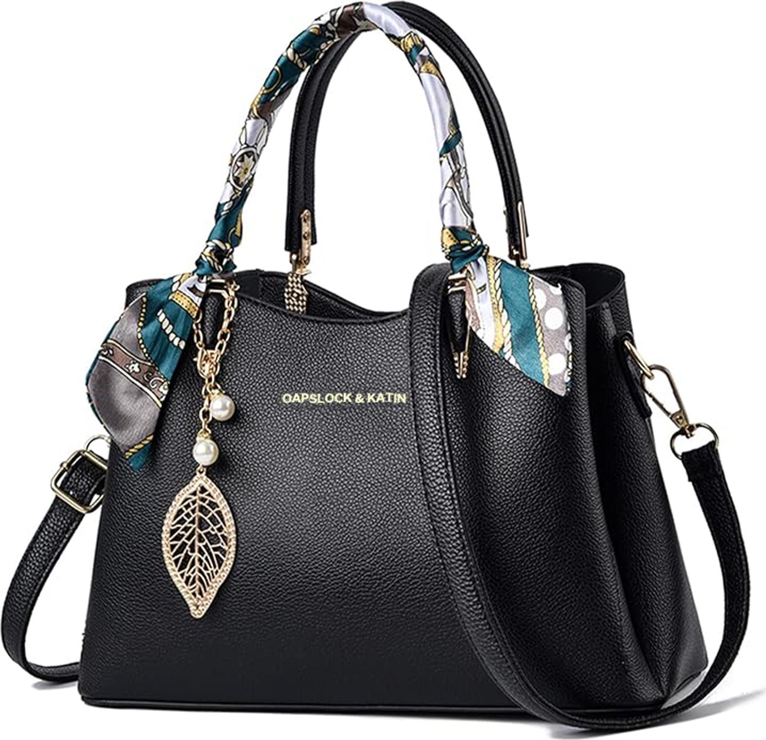 MODFU Handtaschen, Damen Handtasche Set, Schultertasche, Umhängetasche mit Blauem Seidenschal, Elegant & Vielseitig, Groß & Geräumig, Alltag, Büro, Shopping, Reisen, Schwarz