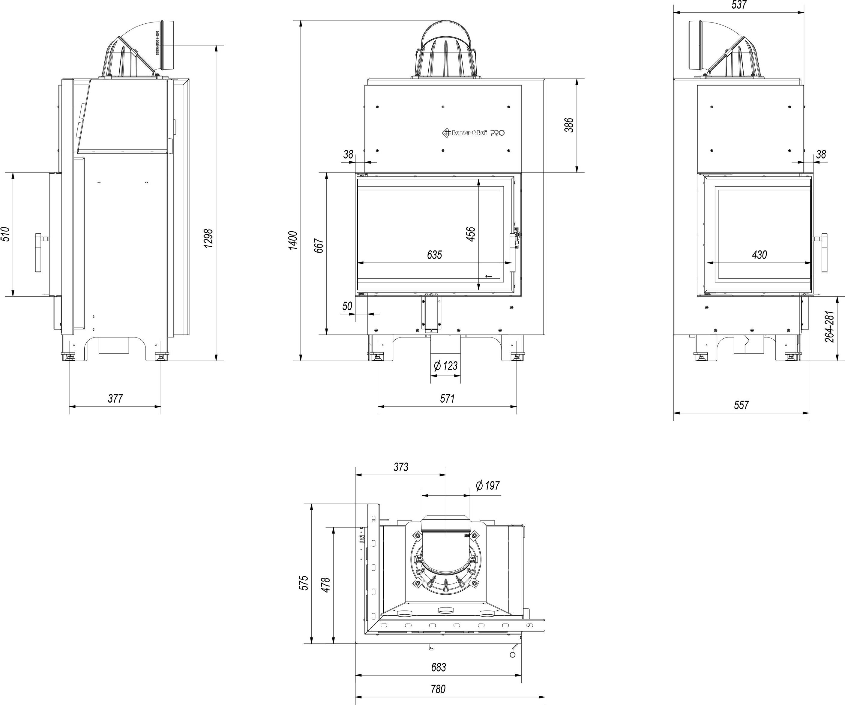 Oceľový krb KRATKI MBZ ľavý 13 kW Ø 200 samozatváracie dvierka