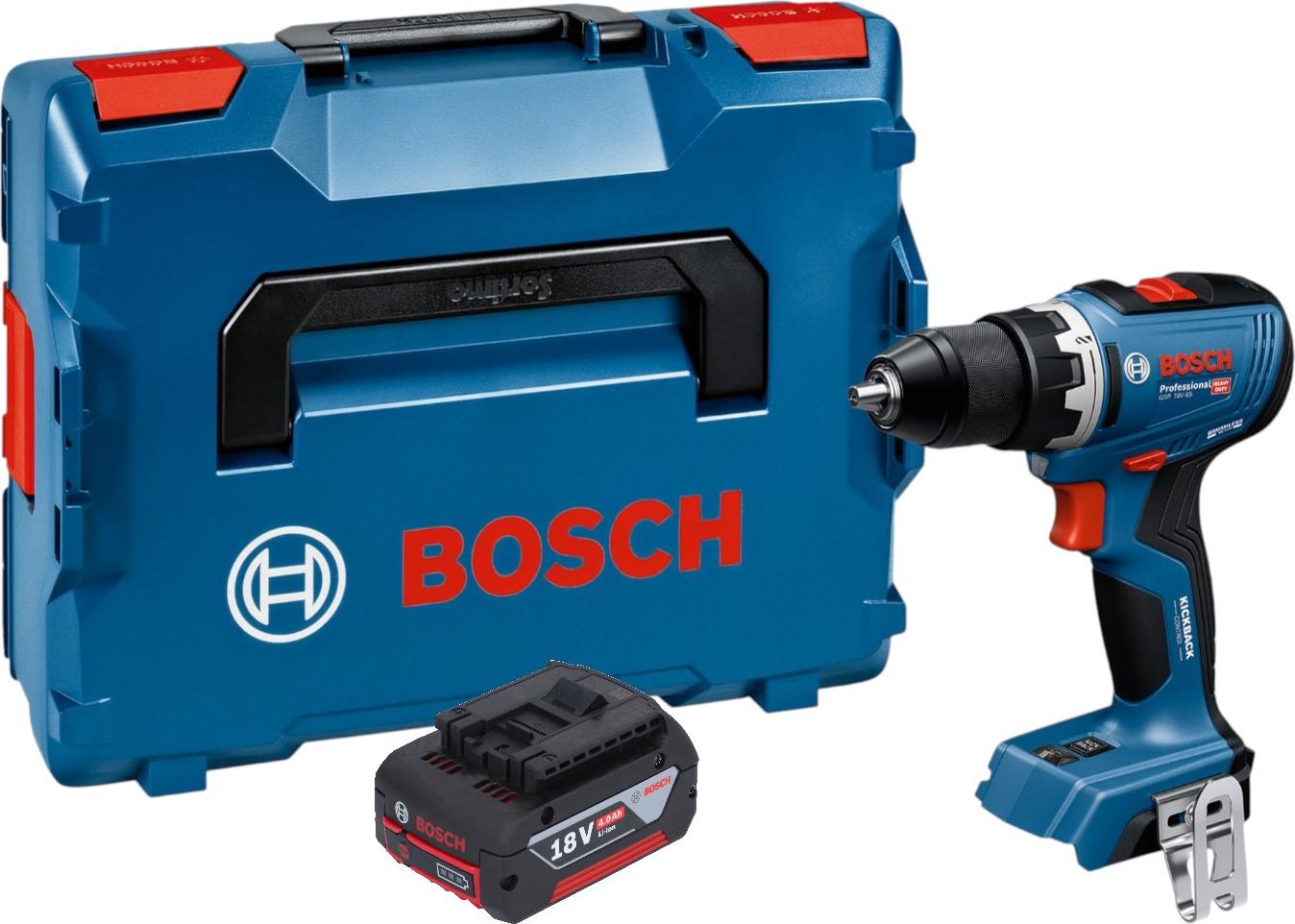 Akumulátorová vŕtačka Bosch GSR 18V-65 Professional 18 V, 63 Nm, bezkefová + 1x akumulátor 4,0 Ah + L-Boxx – bez nabíjačky