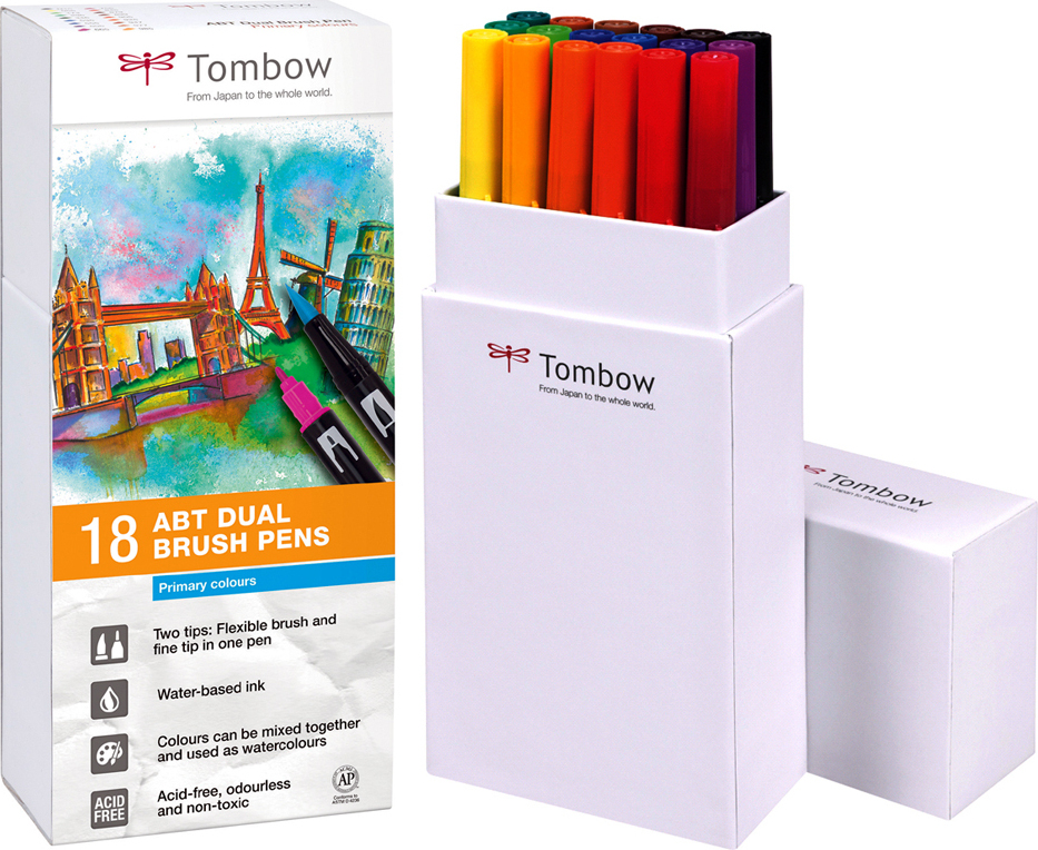 Tombow ABT Dual Brush Pen – Lot De 18 Feutres Pinceau 2 Pointes – Couleurs Secondaires – Encre Aquarellable – Idéal Pour Manga Et Calligraphie