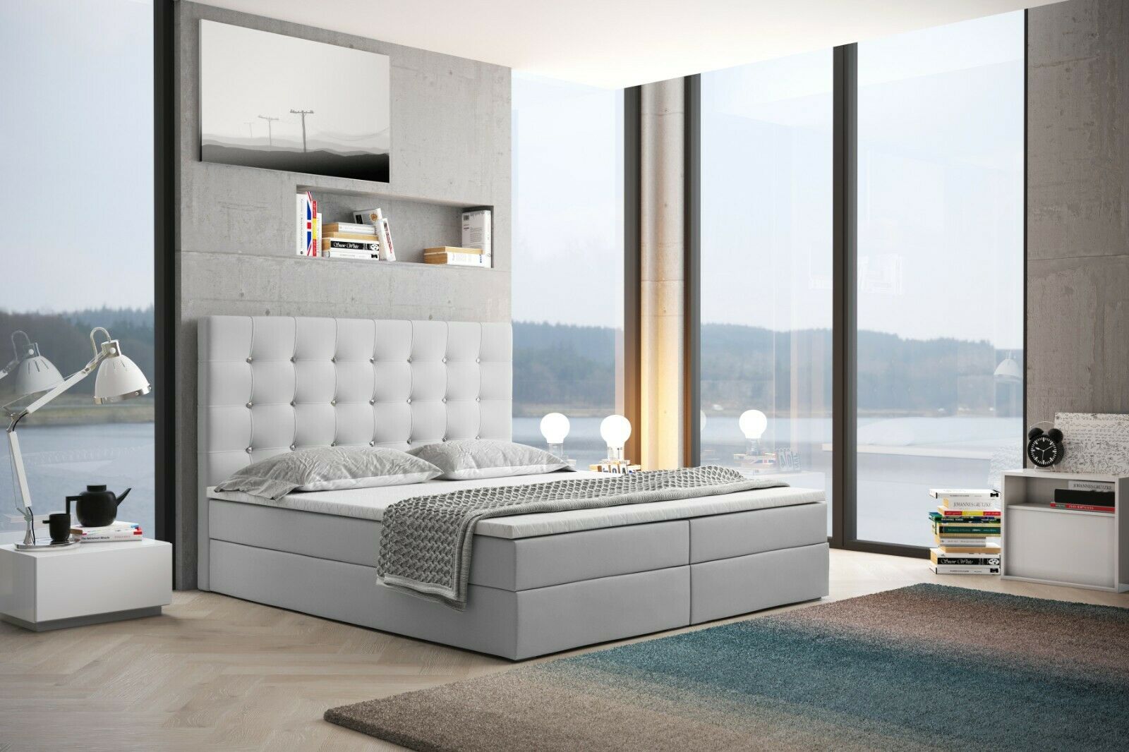 Skriňová posteľ Grekpol Amsterdam 200x200 cm s matracom TFK H3 a topperom, čalúnená posteľ s podnožou, látka: ekokoža Madryt 9200