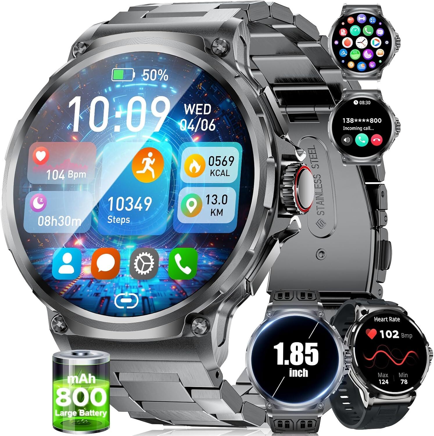 SUNKTA Smartwatch Herren, 1.85'' HD Großes Bildschirm/800 mAh Batterie Smartwatch mit iOS Android