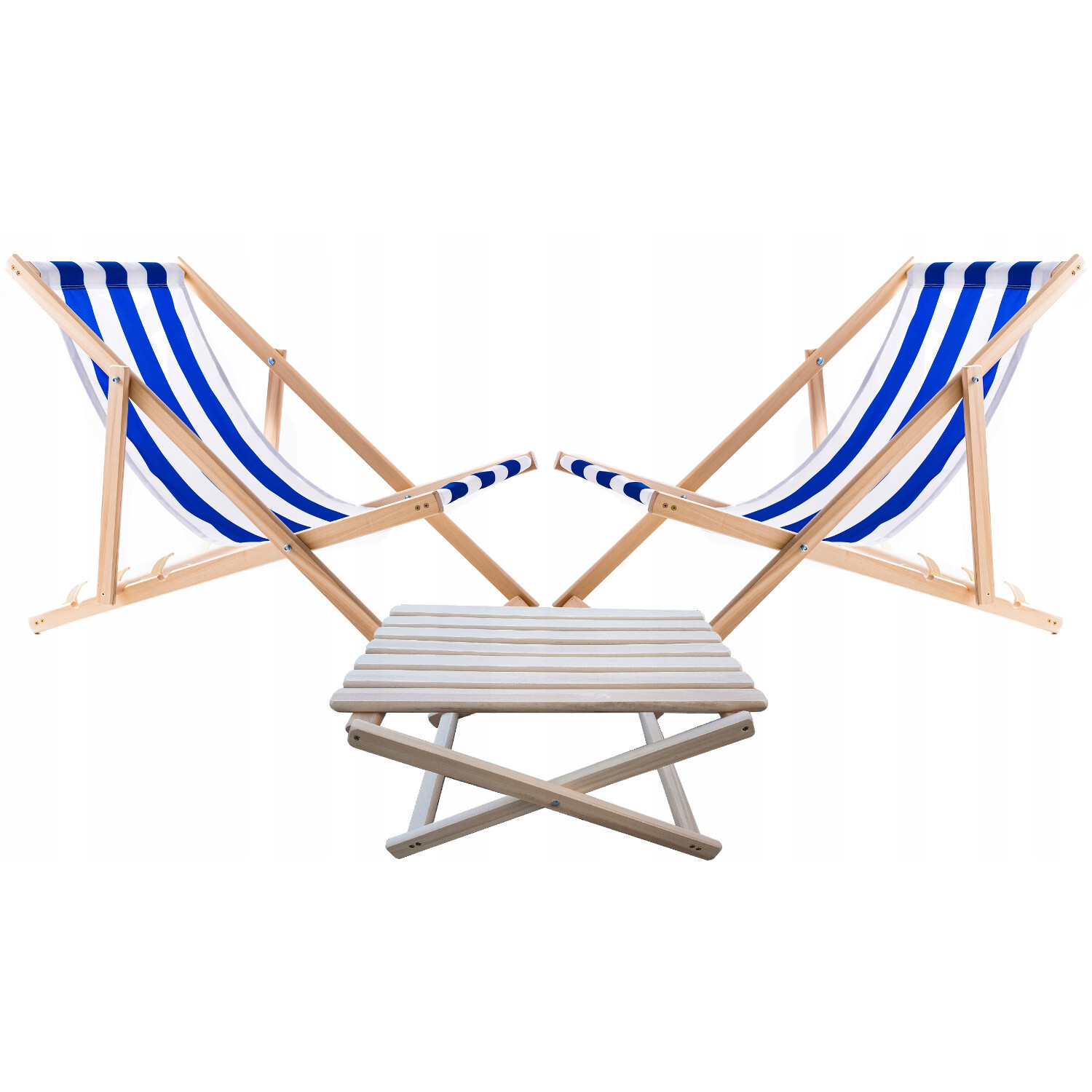 WOODOK Set 2x Liegestühlen mit Couchtisch Tisch blau gestreift aus Holz WOODOK Liegestuhl-Set