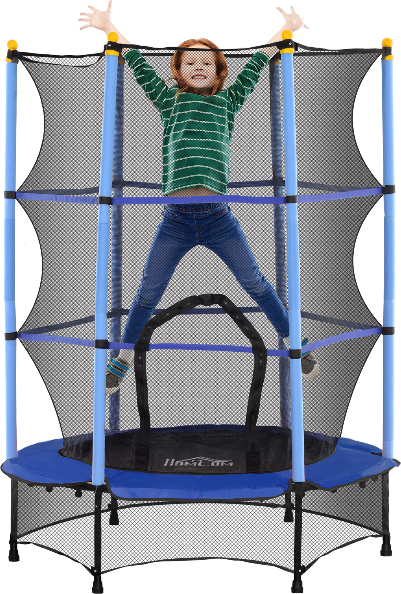 HOMCOM detská trampolína Ø140 cm, trampolína s bezpečnostnou sieťou, kryt okraja, záhradná trampolína pre deti od 3 do 10 rokov, max. zaťaženie 50 kg, modrá