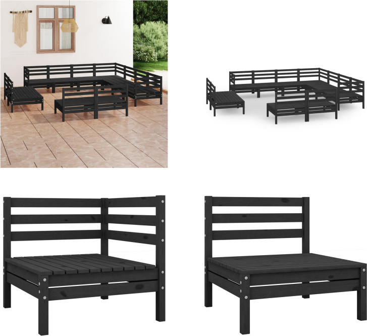 vidaXL 11-dielna záhradná obývacia súprava z masívneho dreva borovice čierna - záhradná obývacia súprava - vonkajšia obývacia súprava - drevená pohovka - drevená záhradná pohovka