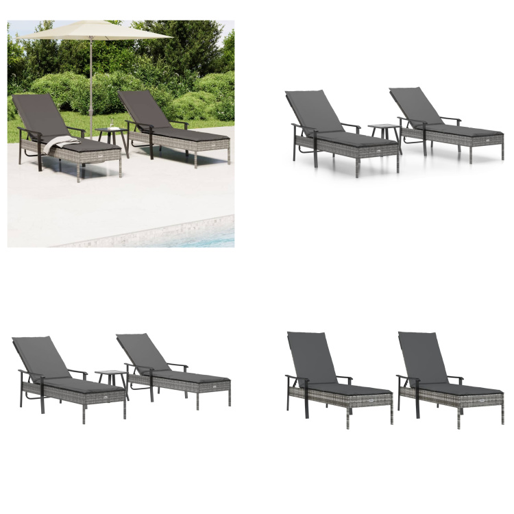 vidaXL Lehátka 2 ks so stolíkom a vankúšmi sivý polyratan - Lehátko - Lehátko - Záhradné lehátko - Záhradný nábytok