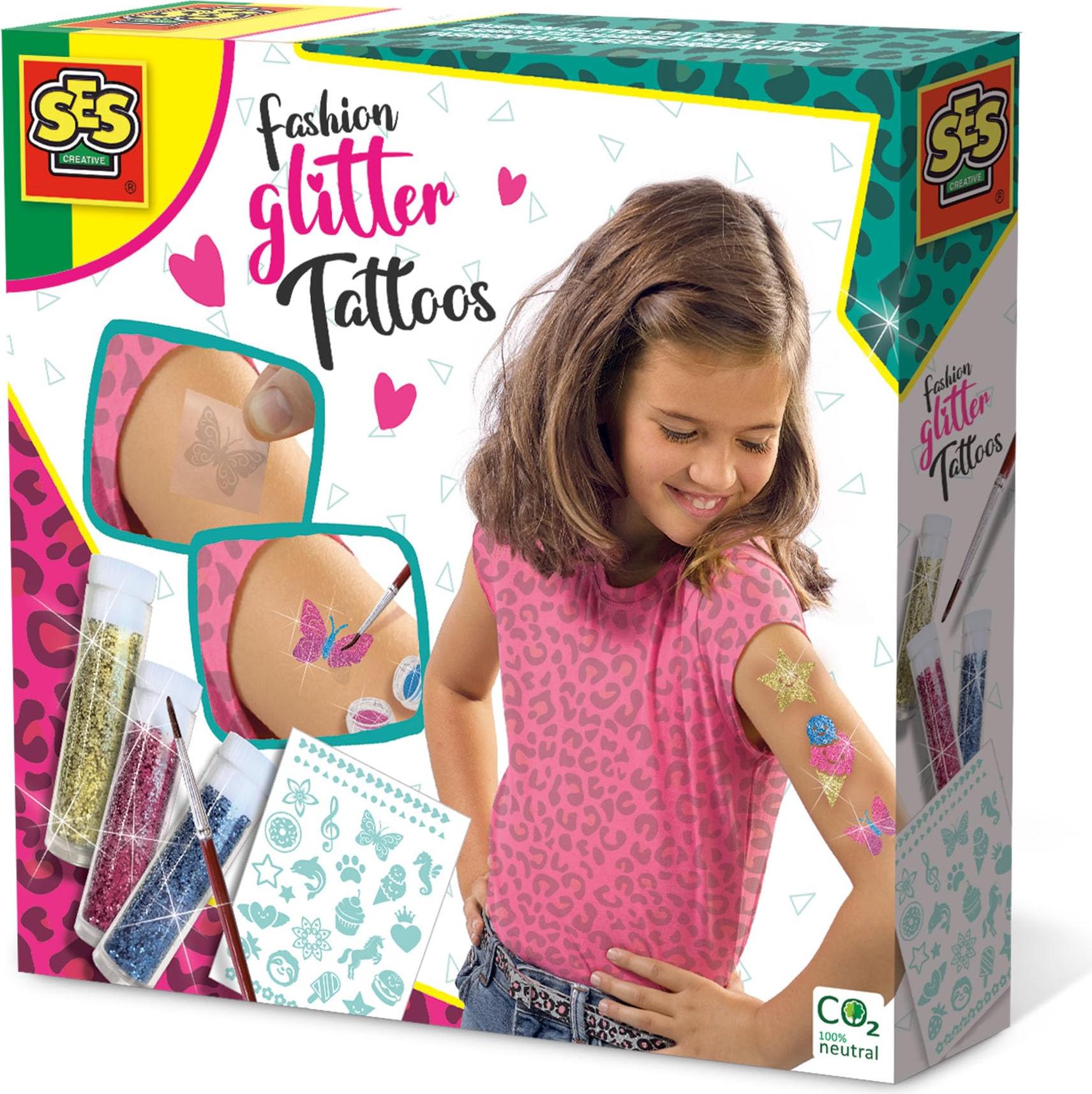 SES Creative 14142 Fashion Glitter Tattoos Modische Glitzertattoos zum Selbstgestalten für Kinder, Tattoo-Set für Kinder, 5 Jahr(e), Mehrfarbig