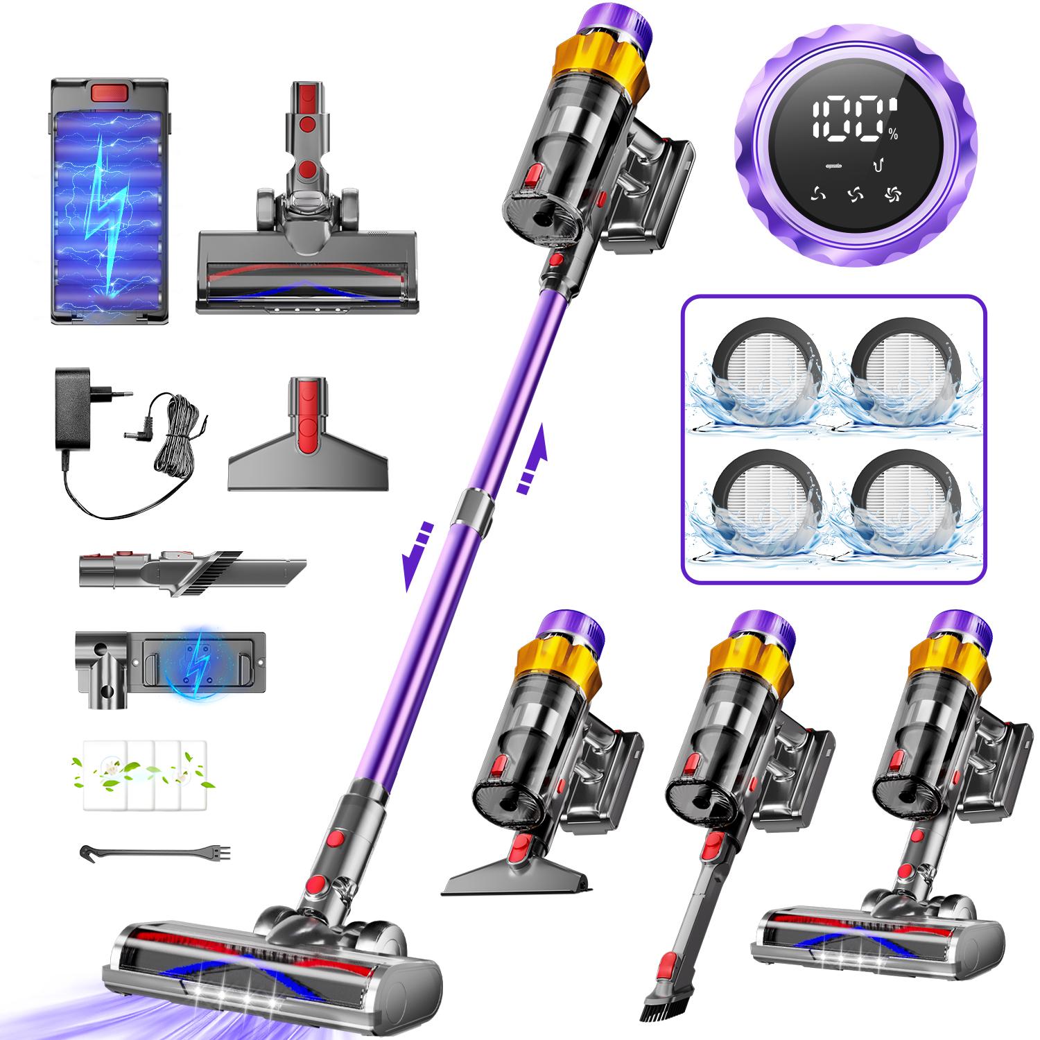 80000Pa Akku Staubsauger,650W/70Min Staubsauger Kabellos,akkustaubsauger mit LED Display/Anti-Tangle-Bürste,drei Gänge,10-in-1,Handstaubsauger,2L
