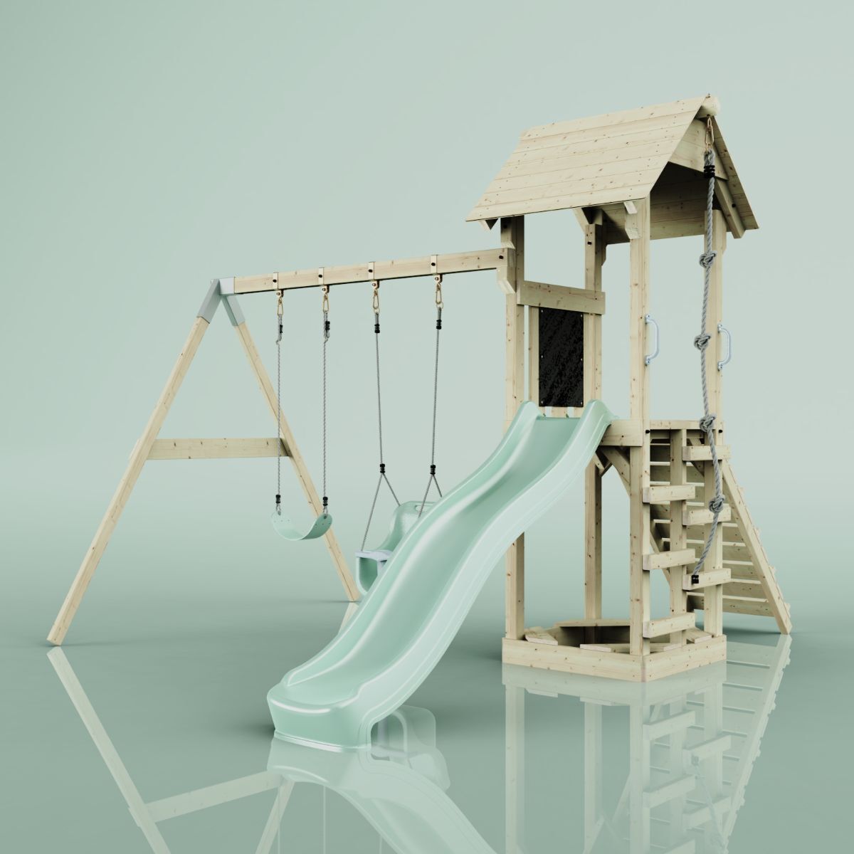 OutdoorToys Spielturm mit Wellenrutsche und Kinder-Schaukel, Outdoor Klettergerüst Garten, Ausführung: Babyschaukel, Farbe: Mintgrün, mit Babyschaukel O4.5.00272.10